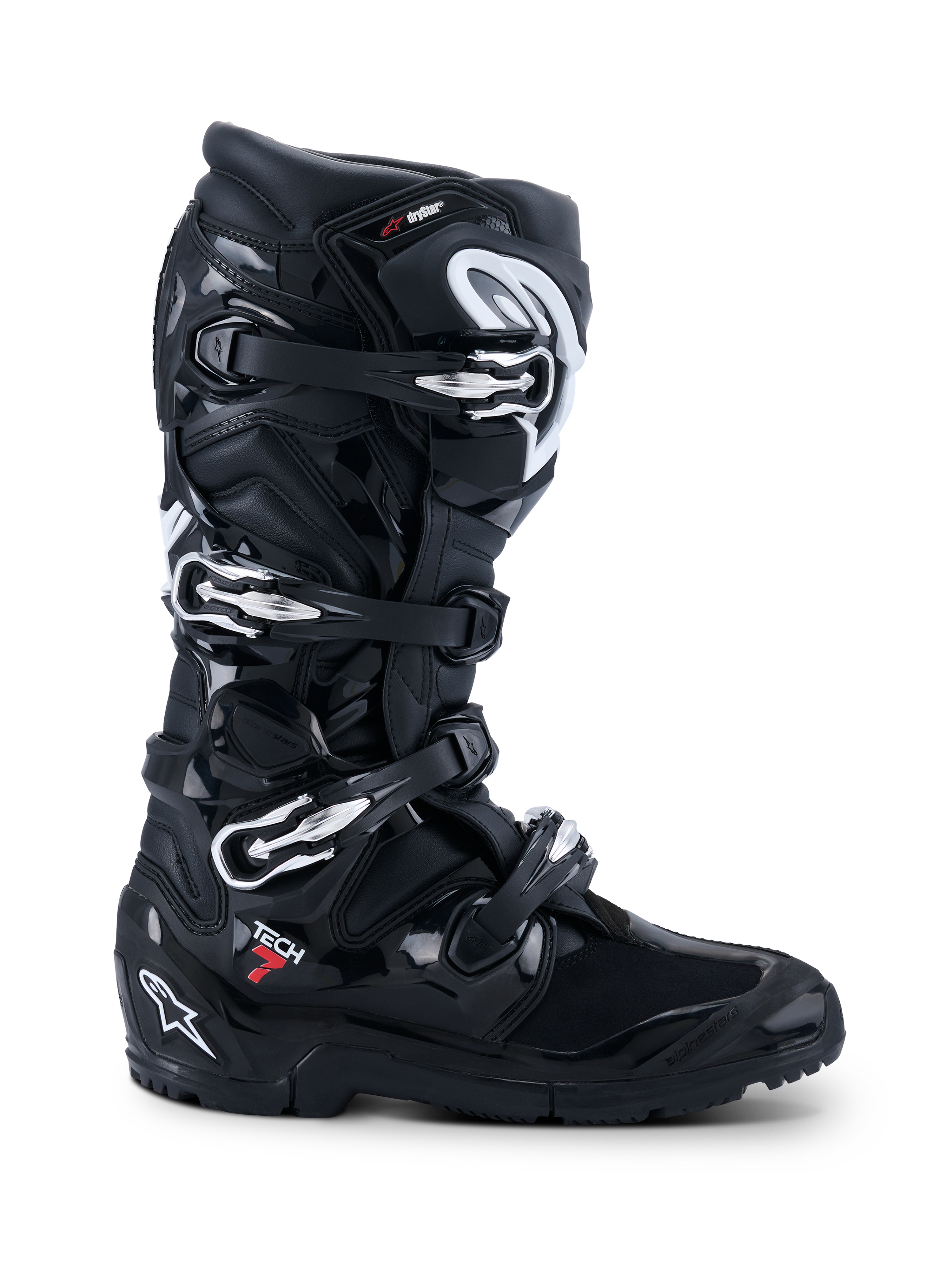 Alpinestars 2026 Tech 7 Enduro Drystar® Boots, Black off-road motorcycle boots, profile view featuring four silver buckle closures, rugged dual-compound enduro sole, and extensive TPU protection with matte and glossy black finishes.