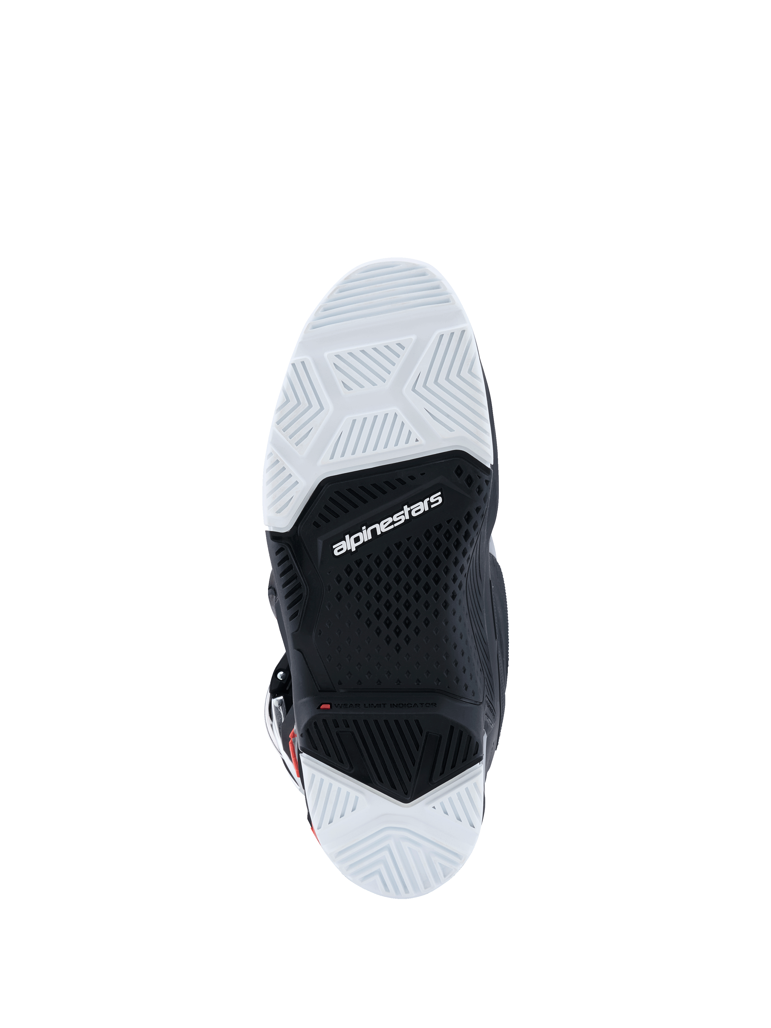 Alpinestars 2026 Tech 7 Enduro Drystar® Boots, bottom sole view, black and white double-density rubber compound, textured geometric grip patterns, Alpinestars logo and wear limit indicator, designed for off-road and enduro traction