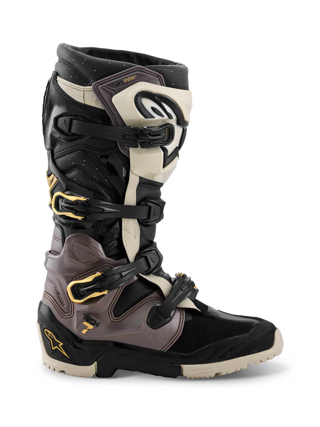Bottes Alpinestars 2026 Tech 7 Enduro Drystar®, bottes de motocross et d'enduro, noir, gris foncé et or, dotées d'un système de fermeture à boucles multiples avec des accents dorés, d'une semelle robuste à double composé et de panneaux de protection en TPU durables, chaussures de pilotage tout-terrain professionnelles