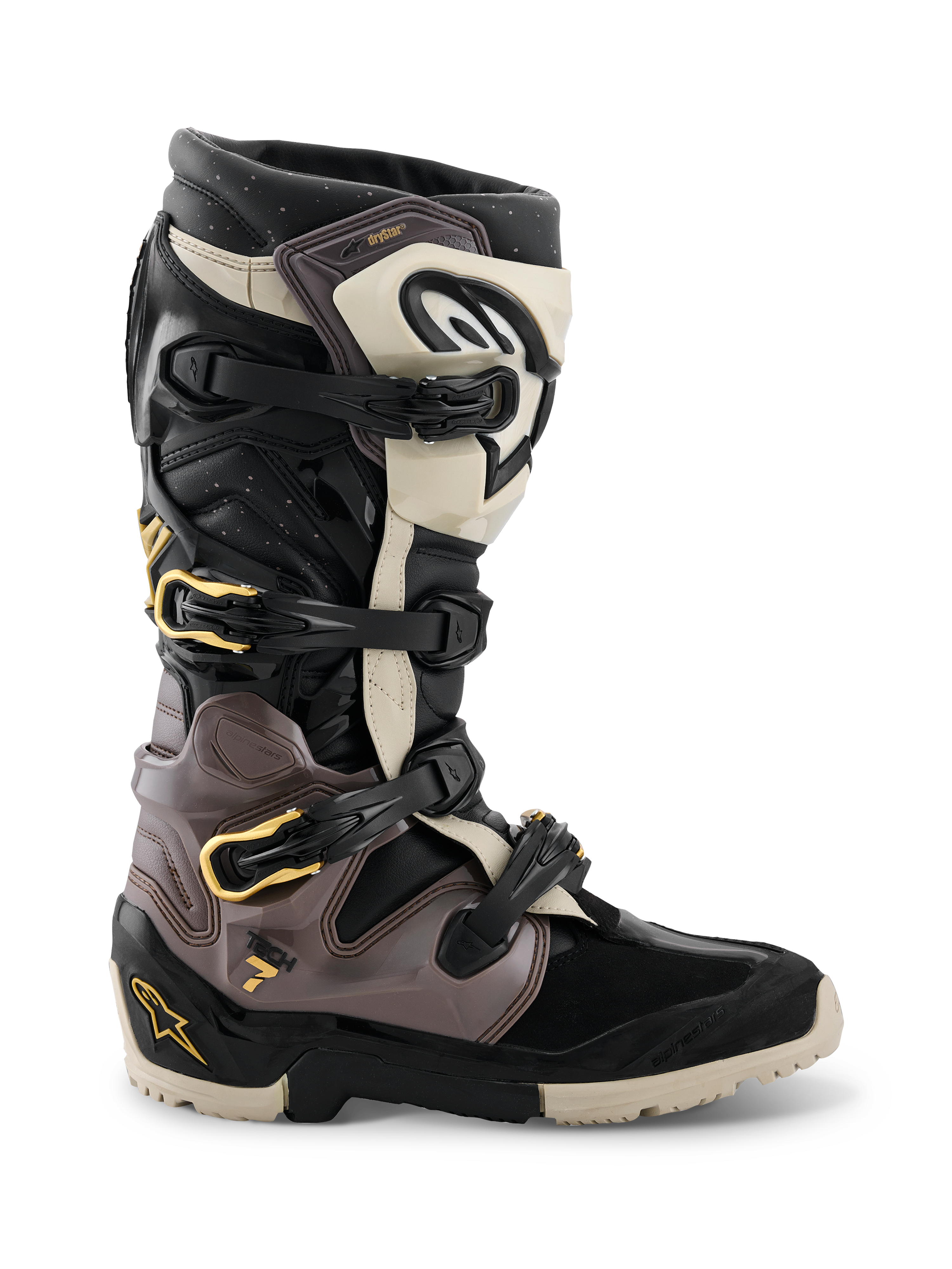Bottes Alpinestars 2026 Tech 7 Enduro Drystar®, bottes de motocross et d'enduro, noir, gris foncé et or, dotées d'un système de fermeture à boucles multiples avec des accents dorés, d'une semelle robuste à double composé et de panneaux de protection en TPU durables, chaussures de pilotage tout-terrain professionnelles