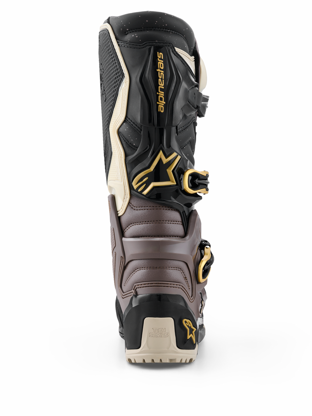 Bottes Alpinestars 2026 Tech 7 Enduro Drystar®, noir, gris foncé et or, vue arrière montrant la coque de protection en TPU, les boucles dorées et le logo Alpinestars, chaussures d'enduro haute performance