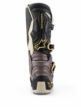 Alpinestars 2026 Tech 7 Enduro Drystar® Boots, Black Dark Gray and Gold, rear view showing protective TPU shell, gold buckles, and Alpinestars logo, high-performance enduro footwear