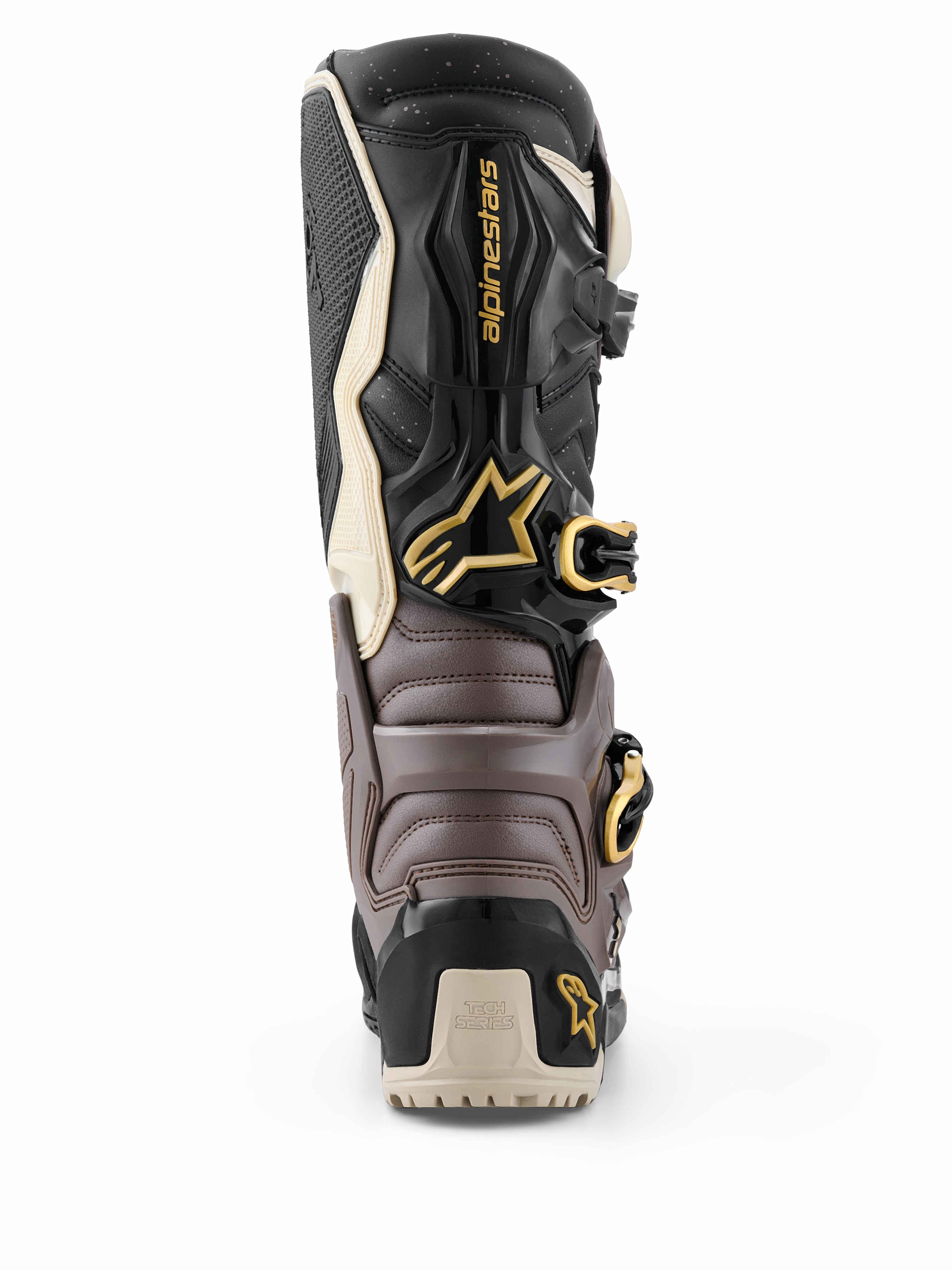 Bottes Alpinestars 2026 Tech 7 Enduro Drystar®, noir, gris foncé et or, vue arrière montrant la coque de protection en TPU, les boucles dorées et le logo Alpinestars, chaussures d'enduro haute performance