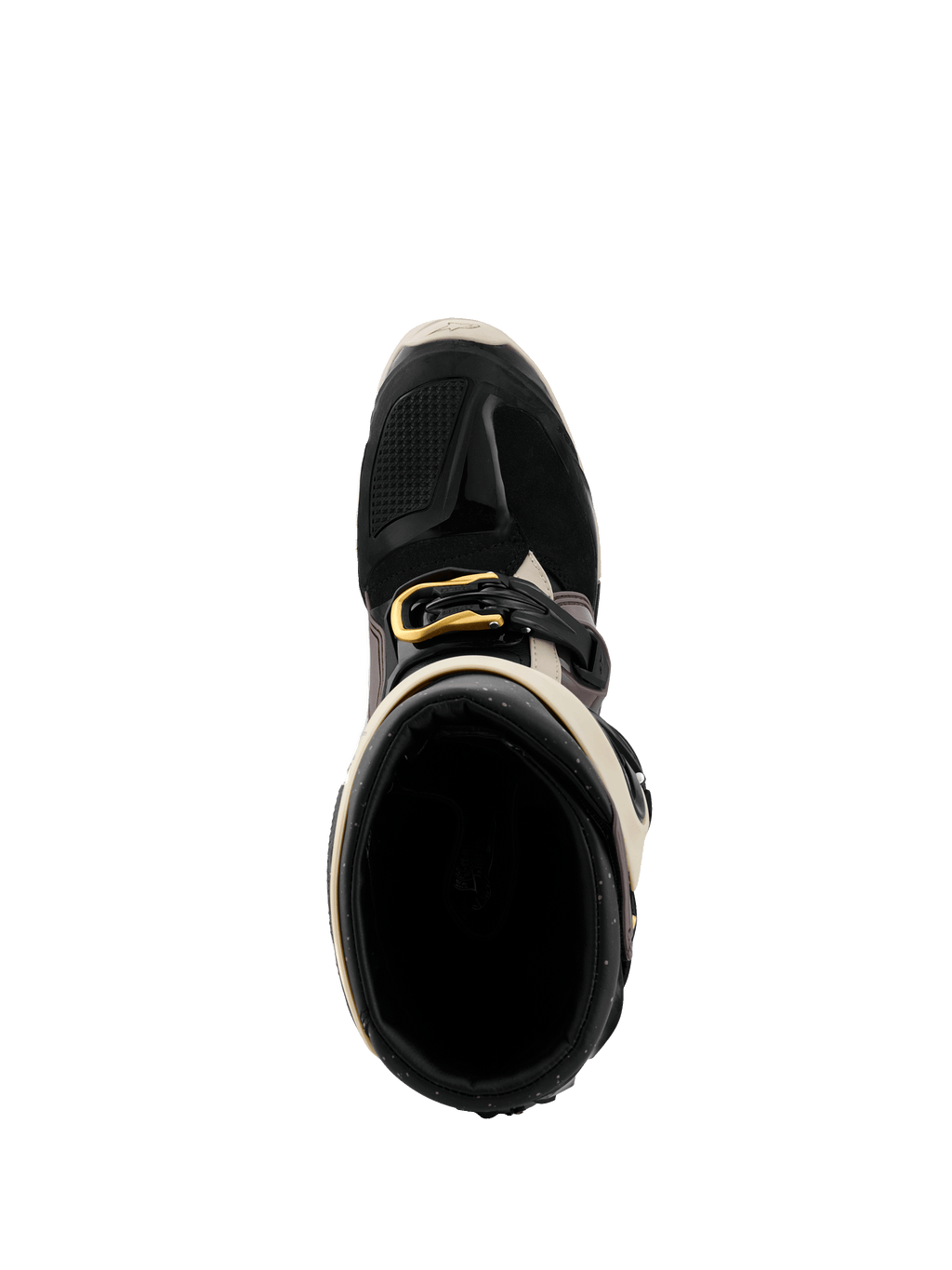 Bottes Alpinestars 2026 Tech 7 Enduro Drystar®, noir, gris foncé et or, vue de dessus plongeant dans l'ouverture de la botte, mettant en avant la boucle dorée, la doublure intérieure et la protection TPU au niveau des orteils.