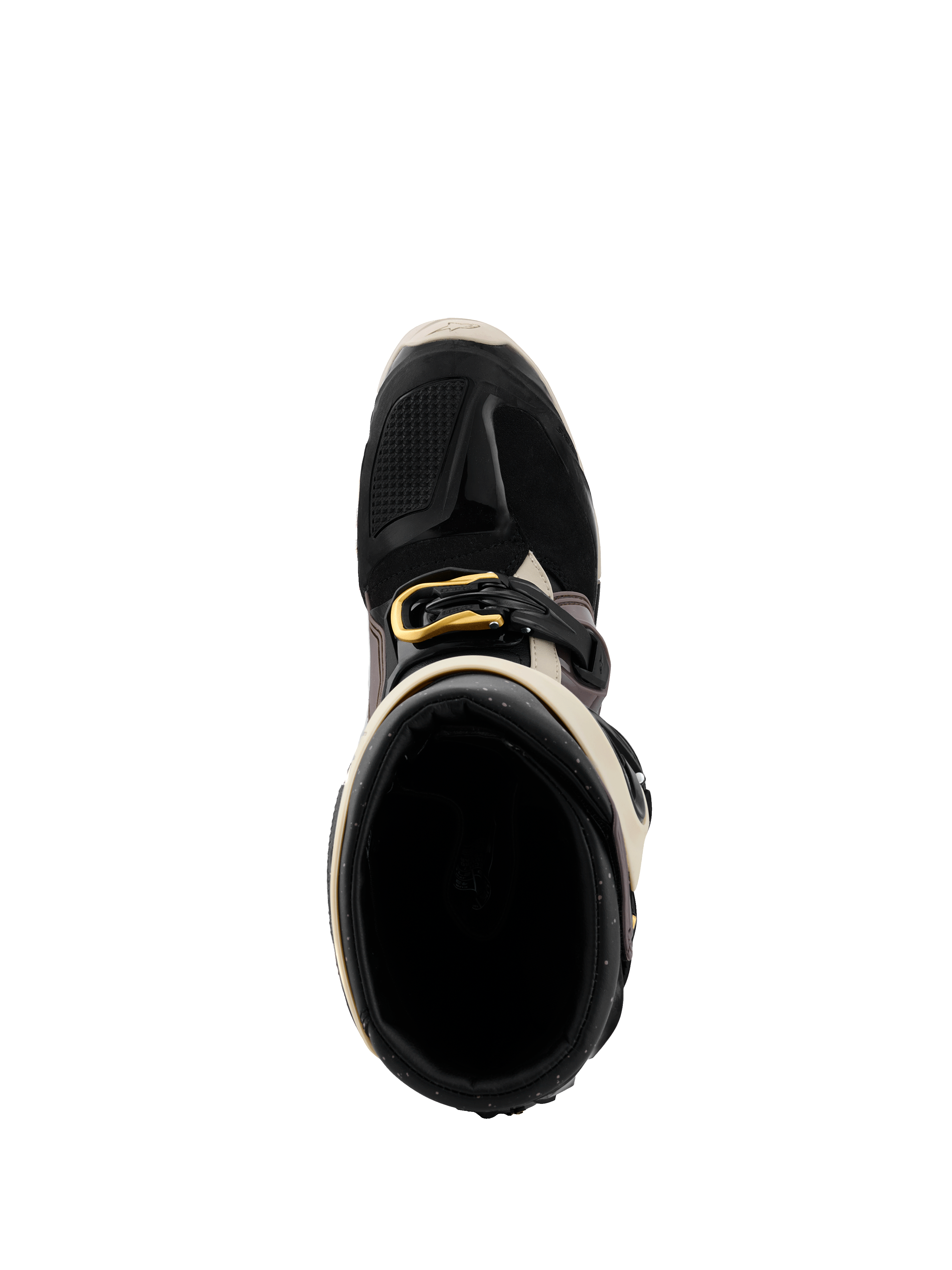 Bottes Alpinestars 2026 Tech 7 Enduro Drystar®, noir, gris foncé et or, vue de dessus plongeant dans l'ouverture de la botte, mettant en avant la boucle dorée, la doublure intérieure et la protection TPU au niveau des orteils.