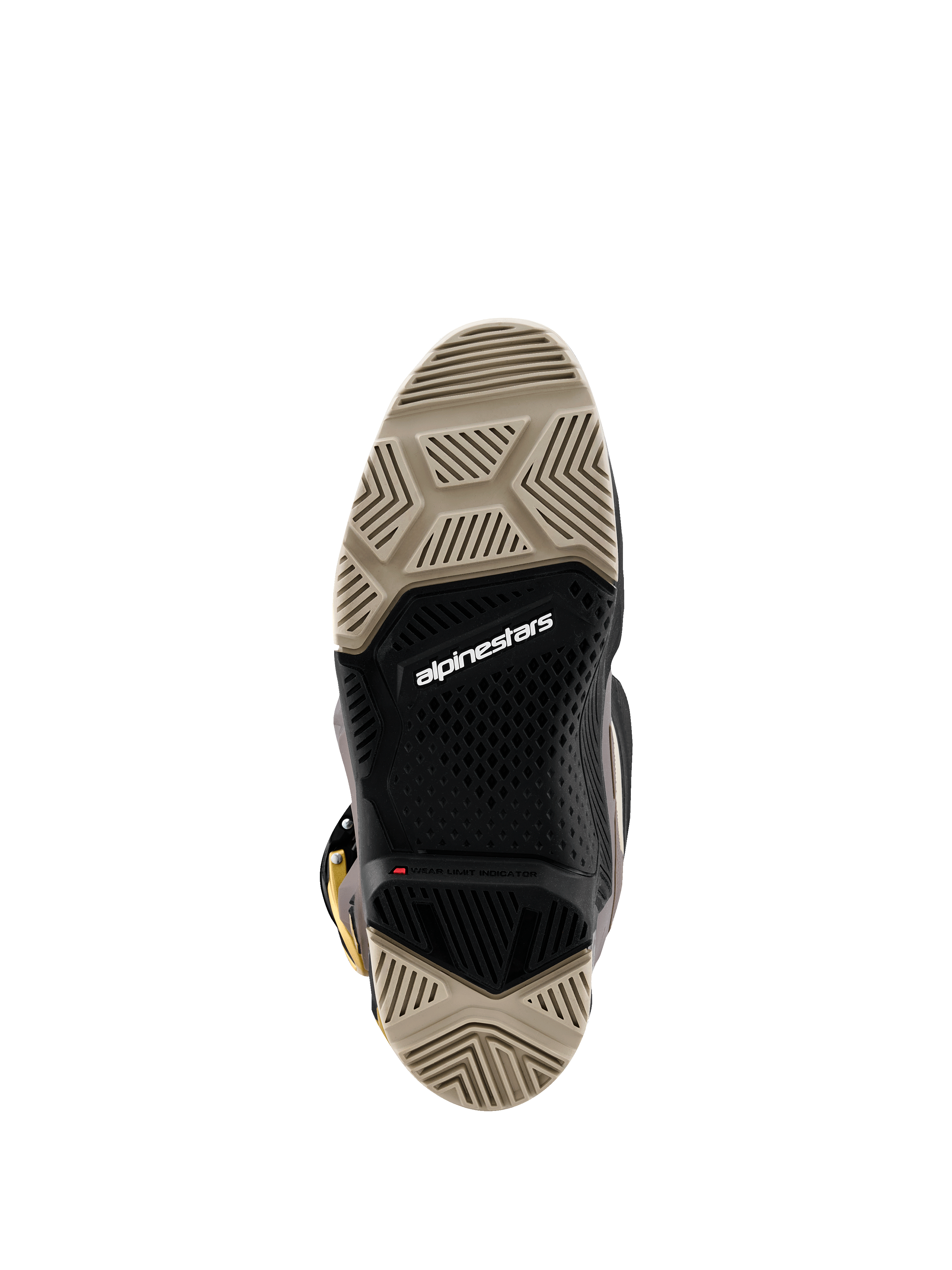 Bottes Alpinestars Tech 7 Enduro Drystar® 2026, vue de dessous montrant la semelle à double composé, motifs de crampons spécialisés beige et noir pour une adhérence maximale, avec logo Alpinestars blanc et indicateur de limite d'usure rouge.