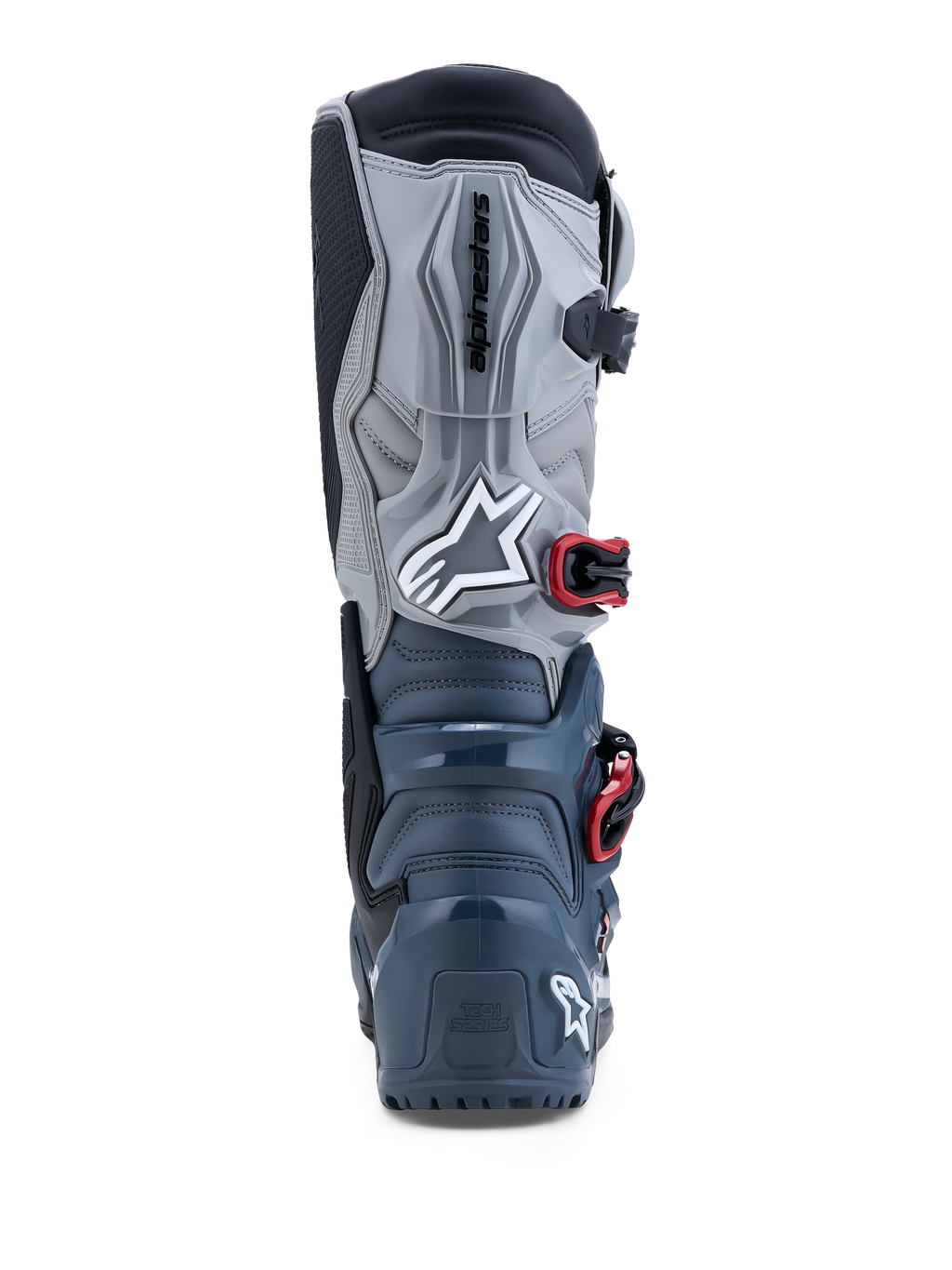 Alpinestars Tech 7 Enduro Drystar®, bottes tout-terrain gris foncé et rouges, imperméables, protection TPU, vue de dos.