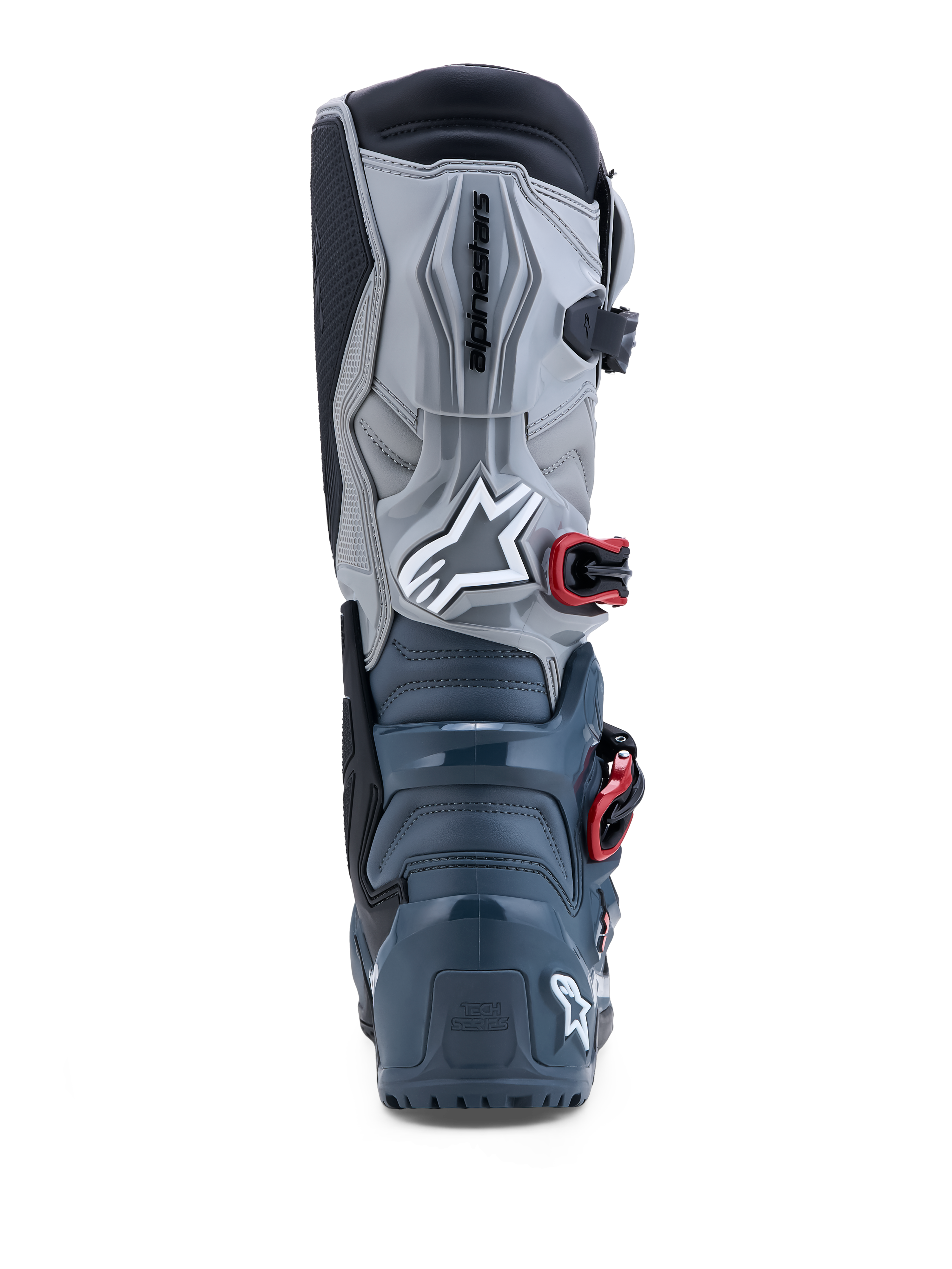 Alpinestars Tech 7 Enduro Drystar®, bottes tout-terrain gris foncé et rouges, imperméables, protection TPU, vue de dos.