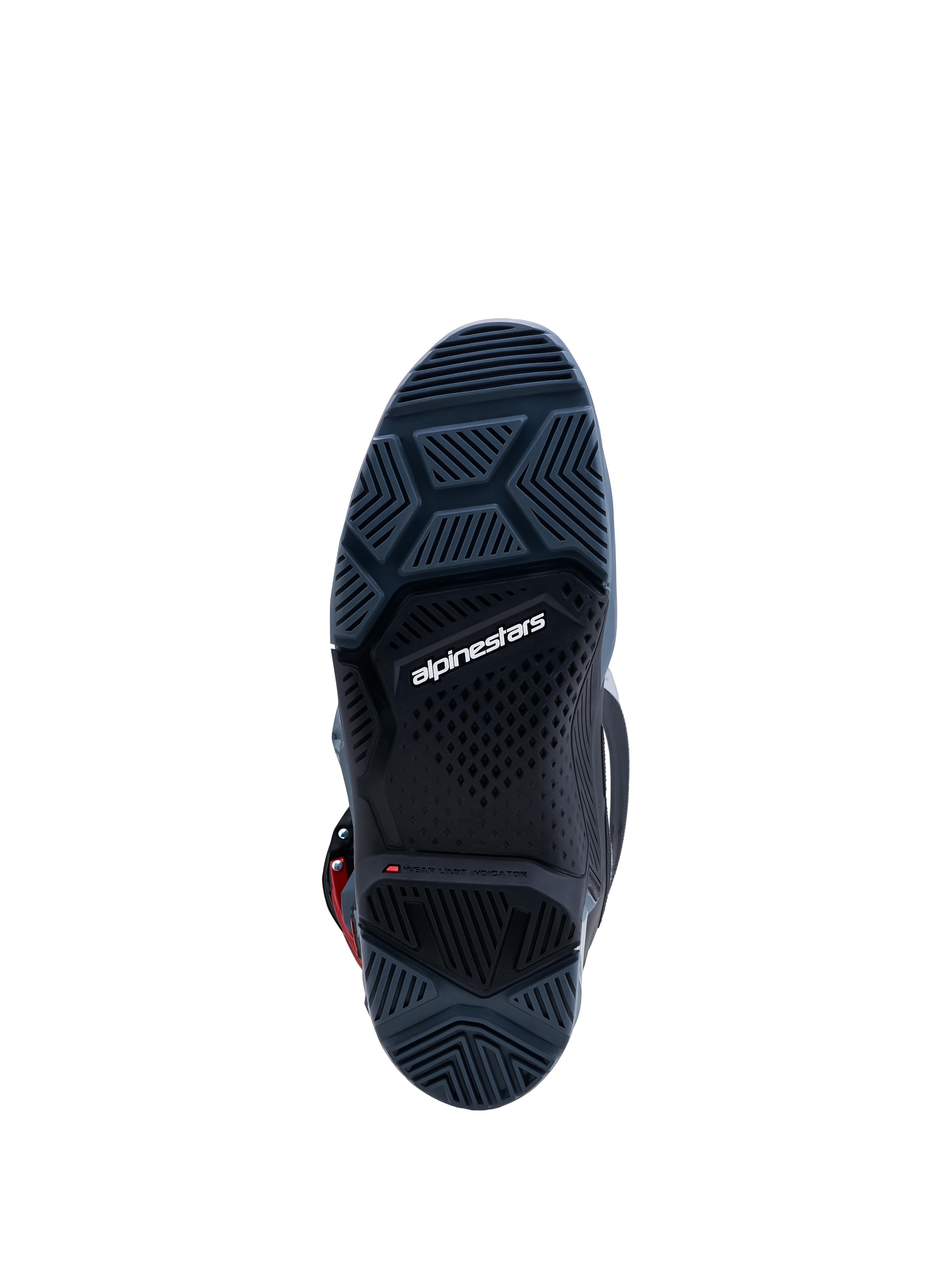 Bottes Alpinestars Tech 7 Enduro Drystar, semelle gris foncé à haute adhérence avec indicateur d'usure pour l'enduro.