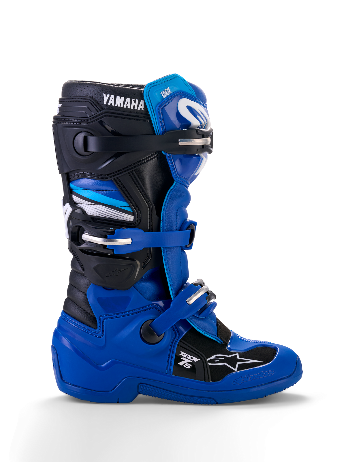 Bottes Alpinestars Yamaha Youth Tech 7S, bottes de motocross, bleu, noir et blanc, vue de profil avec boucles ajustables, protection en TPU, marquage Yamaha et semelle renforcée pour la performance tout-terrain