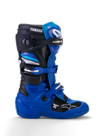 Alpinestars Yamaha Youth Tech 7S Boots, Motocross Boots, Blue Black and White, side profile view featuring adjustable buckles, TPU protection, Yamaha branding, and reinforced sole for off-road performance