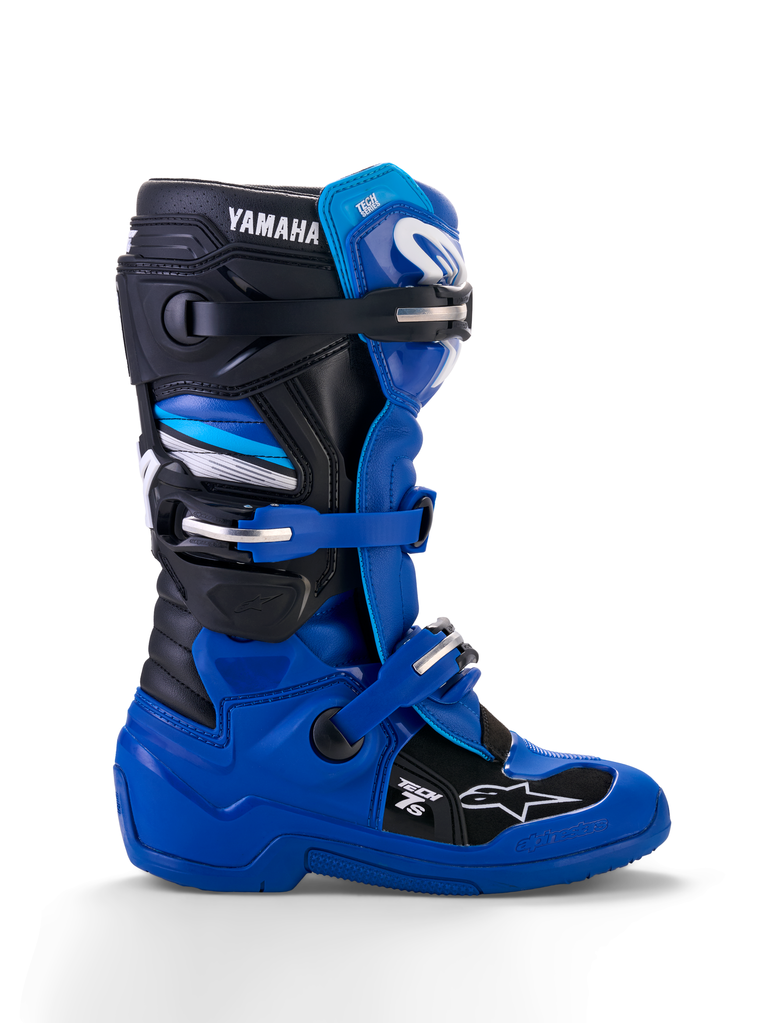 Alpinestars Yamaha Youth Tech 7S Boots, Motocross Boots, Blue Black and White, side profile view featuring adjustable buckles, TPU protection, Yamaha branding, and reinforced sole for off-road performance