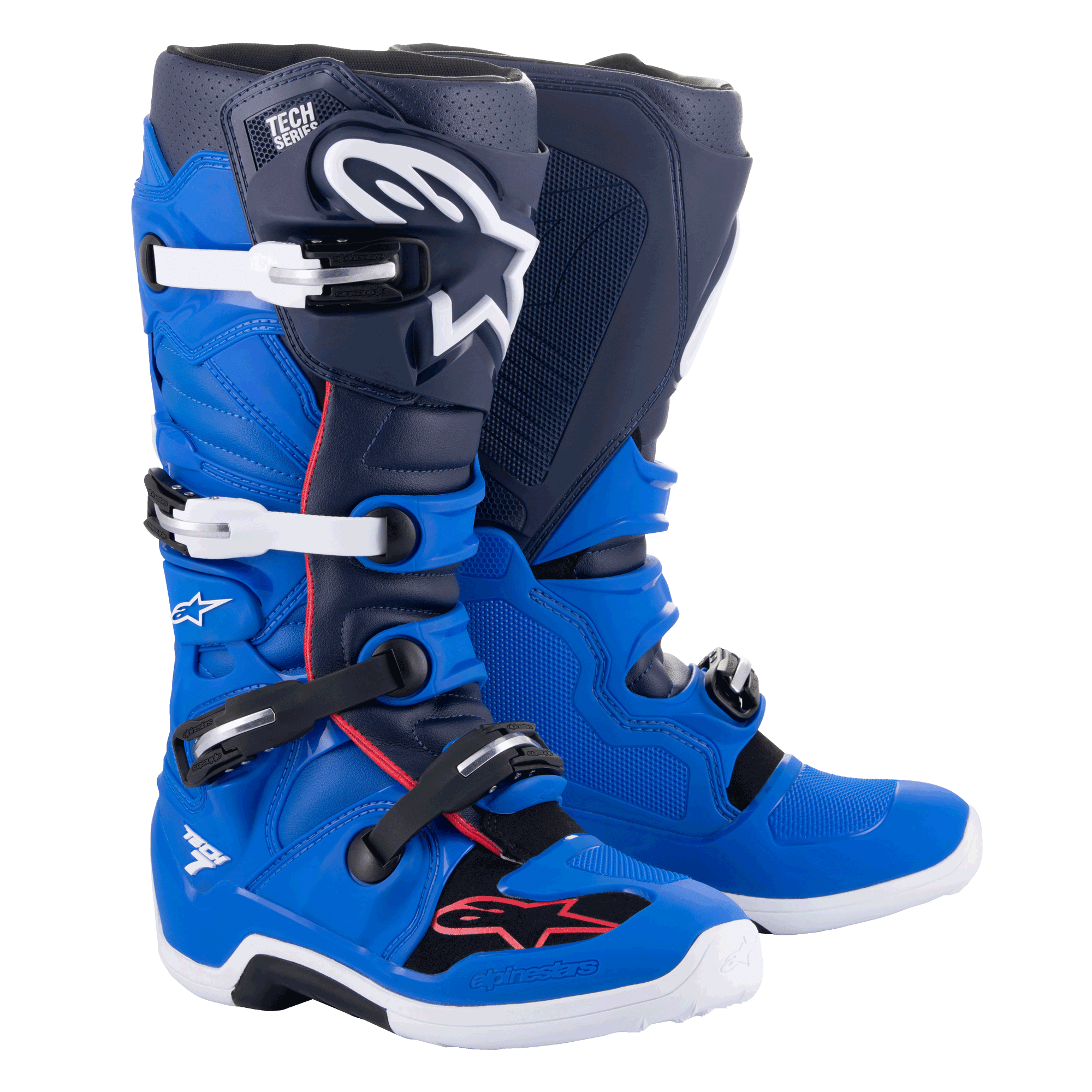 Bottes Alpinestars Tech 7, bottes de motocross, bleu alpin, bleu marine nuit et rouge vif, avec boucles en aluminium blanches et noires, grand logo étoile blanc sur le tibia et semelles blanches durables, équipement de protection pour la course tout-terrain