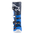 Bottes Alpinestars Tech 7, bottes de motocross, bleu alpin, bleu marine nuit et rouge vif, vue de face avec tige bleu marine foncé, grand logo Astars blanc, panneaux de protection en TPU bleu vif et système de fermeture à boucles, équipement haute performance pour le tout-terrain