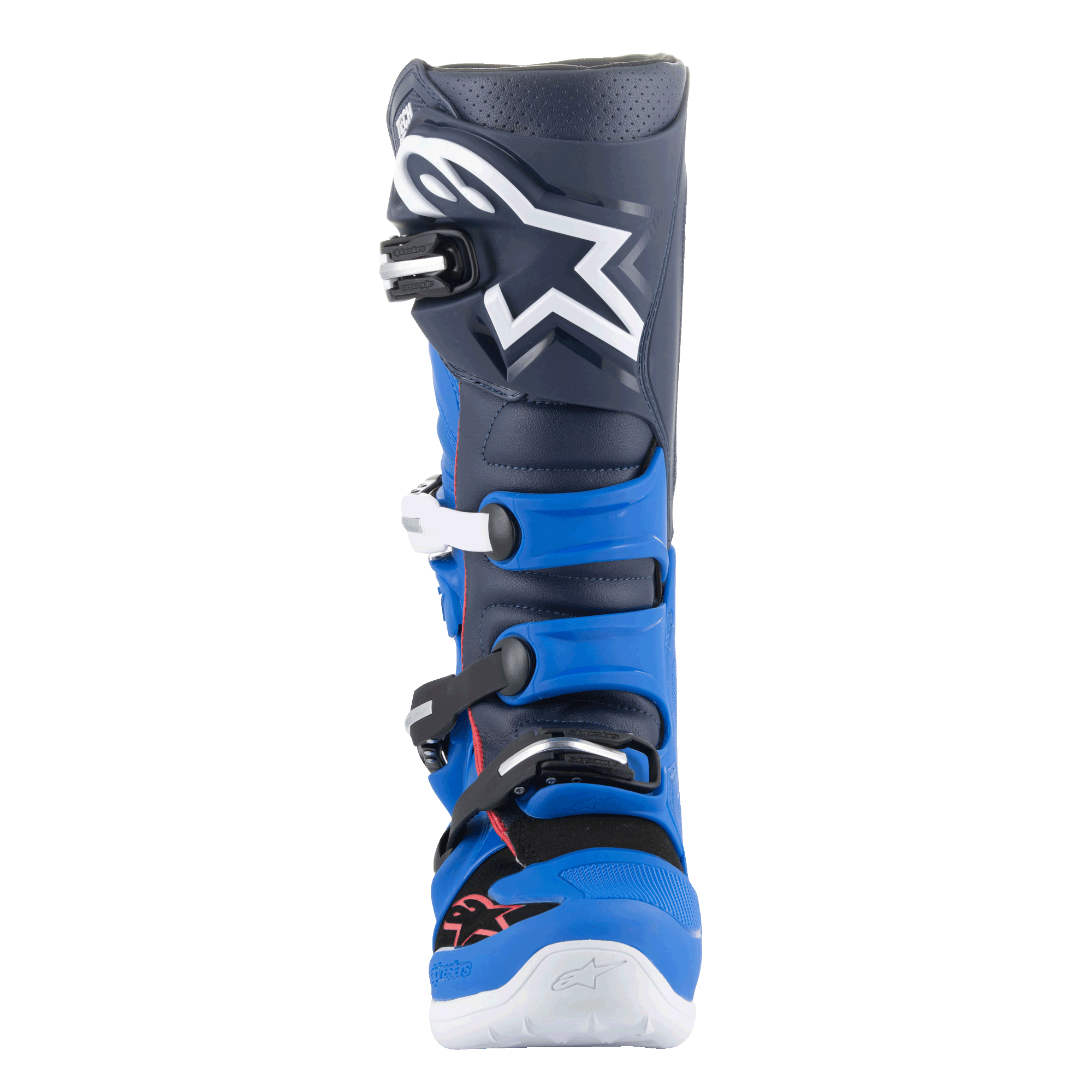 Bottes Alpinestars Tech 7, bottes de motocross, bleu alpin, bleu marine nuit et rouge vif, vue de face avec tige bleu marine foncé, grand logo Astars blanc, panneaux de protection en TPU bleu vif et système de fermeture à boucles, équipement haute performance pour le tout-terrain