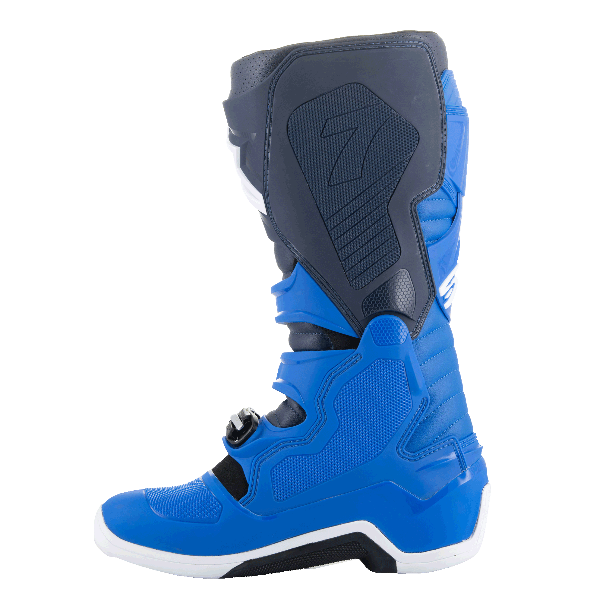 Bottes Alpinestars Tech 7, bottes de motocross, bleu alpin, bleu marine nuit et rouge vif, vue latérale médiale montrant les panneaux de protection en TPU et la construction renforcée pour la course tout-terrain