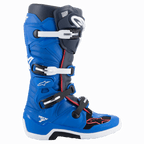 Bottes Alpinestars Tech 7, bottes de motocross, bleu alpin, bleu marine et rouge vif, modèle montant avec système de fermeture à quatre boucles, boucles blanches et noires, semelle blanche avec section centrale noire, liseré rouge et logo Alpinestars, protection professionnelle pour la course tout-terrain