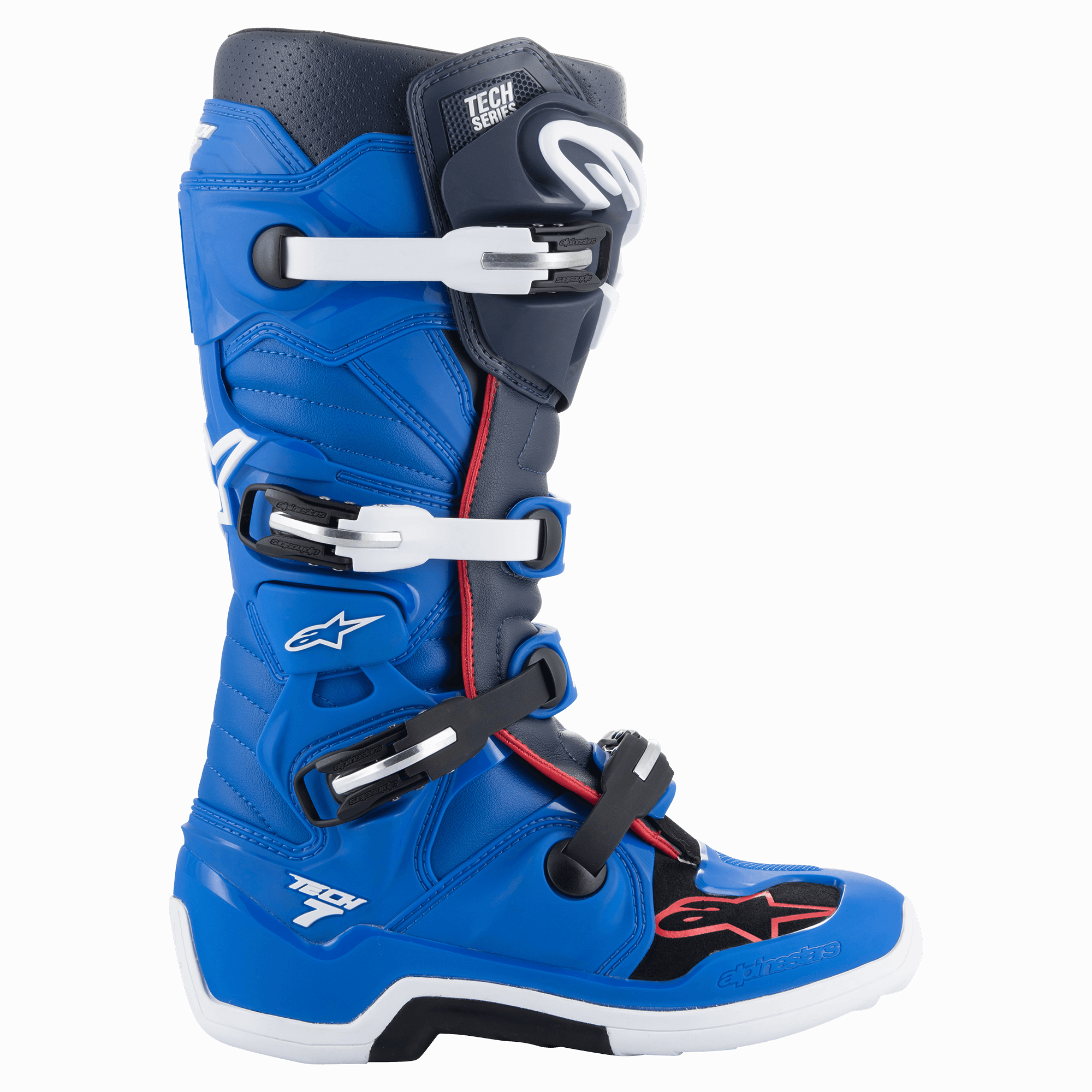 Bottes Alpinestars Tech 7, bottes de motocross, bleu alpin, bleu marine et rouge vif, modèle montant avec système de fermeture à quatre boucles, boucles blanches et noires, semelle blanche avec section centrale noire, liseré rouge et logo Alpinestars, protection professionnelle pour la course tout-terrain