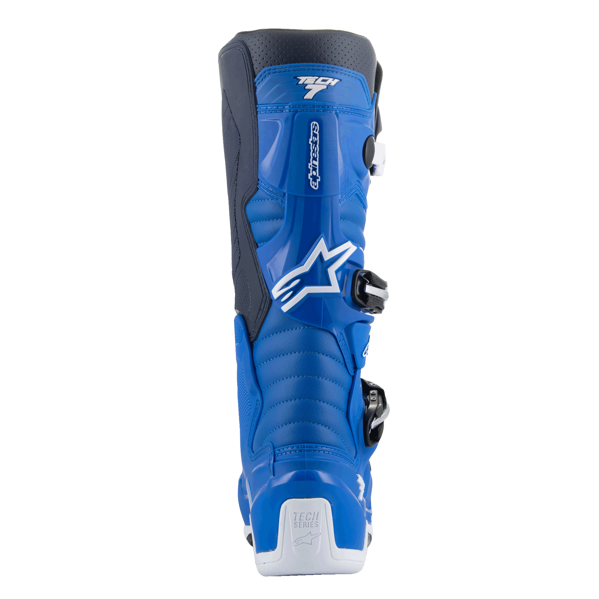 Bottes Alpinestars Tech 7, bottes de motocross, bleu alpin et bleu nuit avec accents blancs, vue arrière montrant la protection profilée du mollet, renfort de talon blanc avec logo Tech Series et détails du système de boucles à entrée latérale