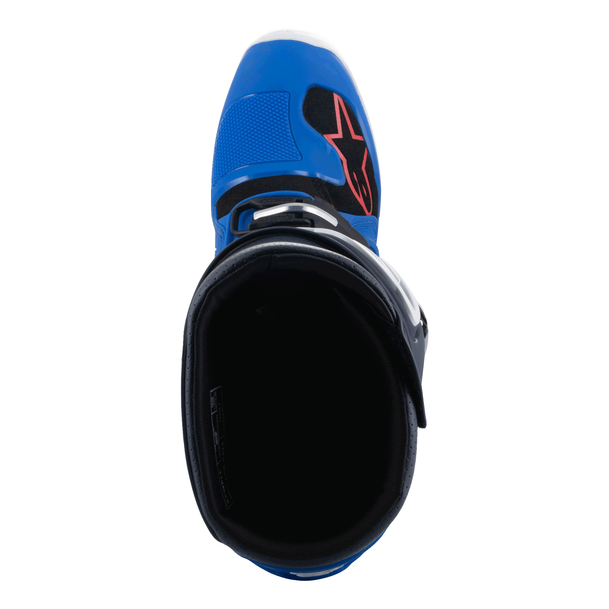 Bottes Alpinestars Tech 7, bottes de motocross, bleu alpin, bleu marine et rouge vif, vue de dessus montrant l'intérieur de la botte, bout bleu avec logo étoile rouge et doublure noire, chaussures de course tout-terrain professionnelles