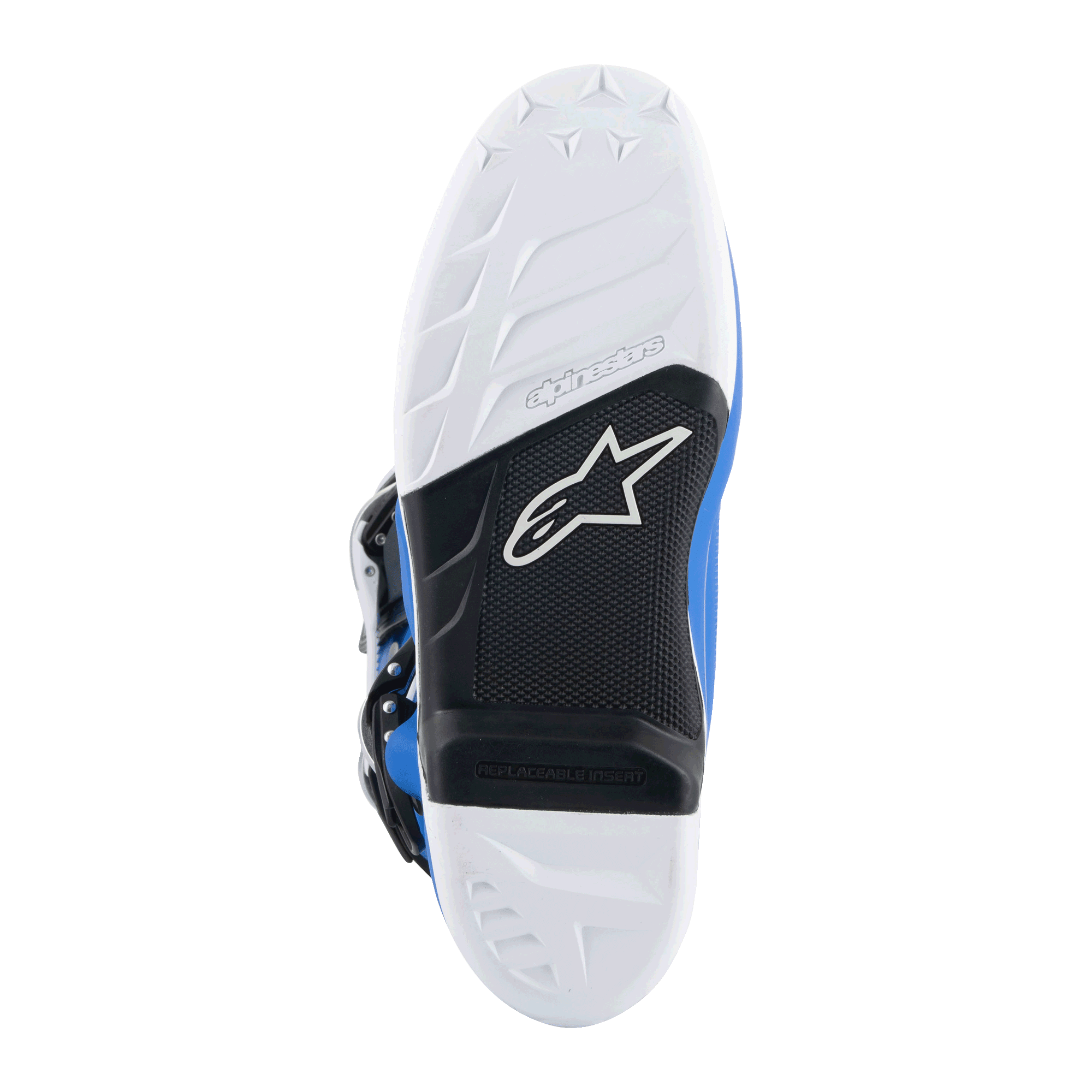 Alpinestars Tech 7 Boots, bottes de motocross, bleu alpin et blanc, vue de dessous de la semelle avec motif d'adhérence blanc, cambrure noire avec insert de repose-pied remplaçable et logo Alpinestars, matériau durable pour la course tout-terrain
