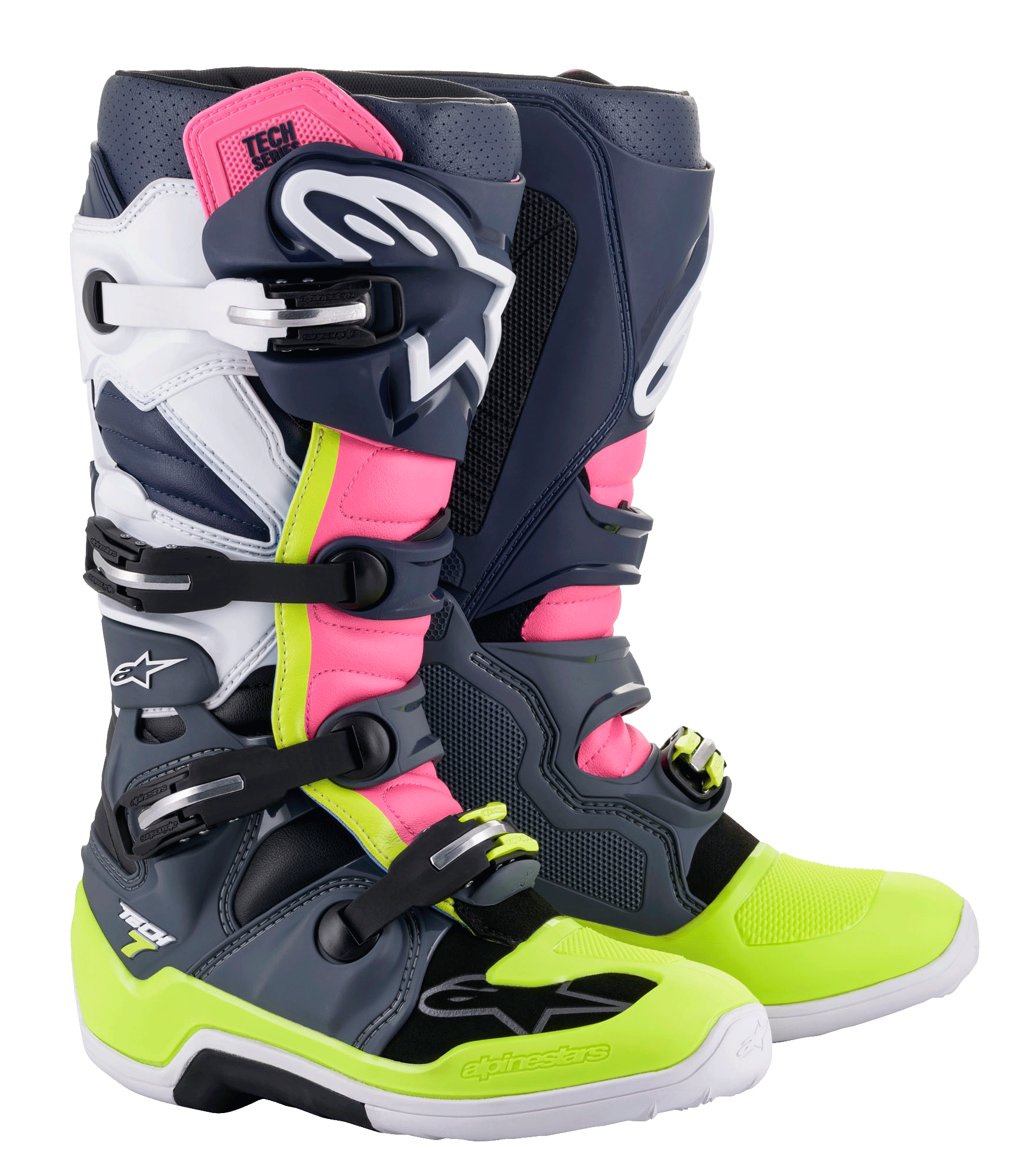 Bottes Alpinestars Tech 7, bottes de motocross, gris foncé, bleu foncé, rose fluo et jaune fluo, dotées d'un système de fermeture à boucles multiples, de panneaux de protection en TPU et du logo Alpinestars pour le tout-terrain