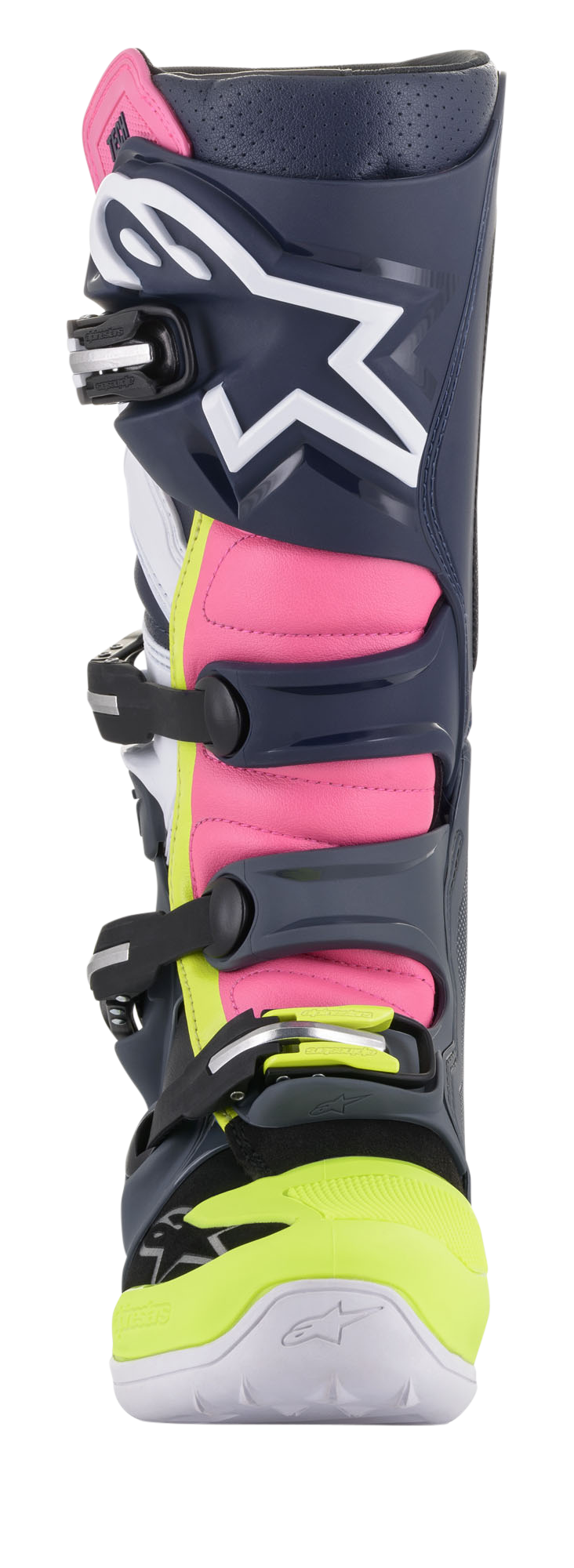Bottes Alpinestars Tech 7, bottes de motocross, gris foncé, bleu foncé et rose fluo, vue arrière en angle mettant en évidence le système de boucles et les panneaux en accordéon roses, conception protectrice haute performance pour la conduite tout-terrain