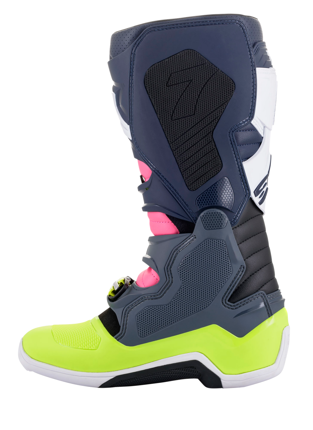 Bottes Alpinestars Tech 7, bottes de motocross, gris foncé, bleu foncé, rose fluo et jaune fluo, vue de profil, dotées d'un système de fermeture à boucles innovant et d'une protection de cheville biomécanique, chaussures tout-terrain haute performance
