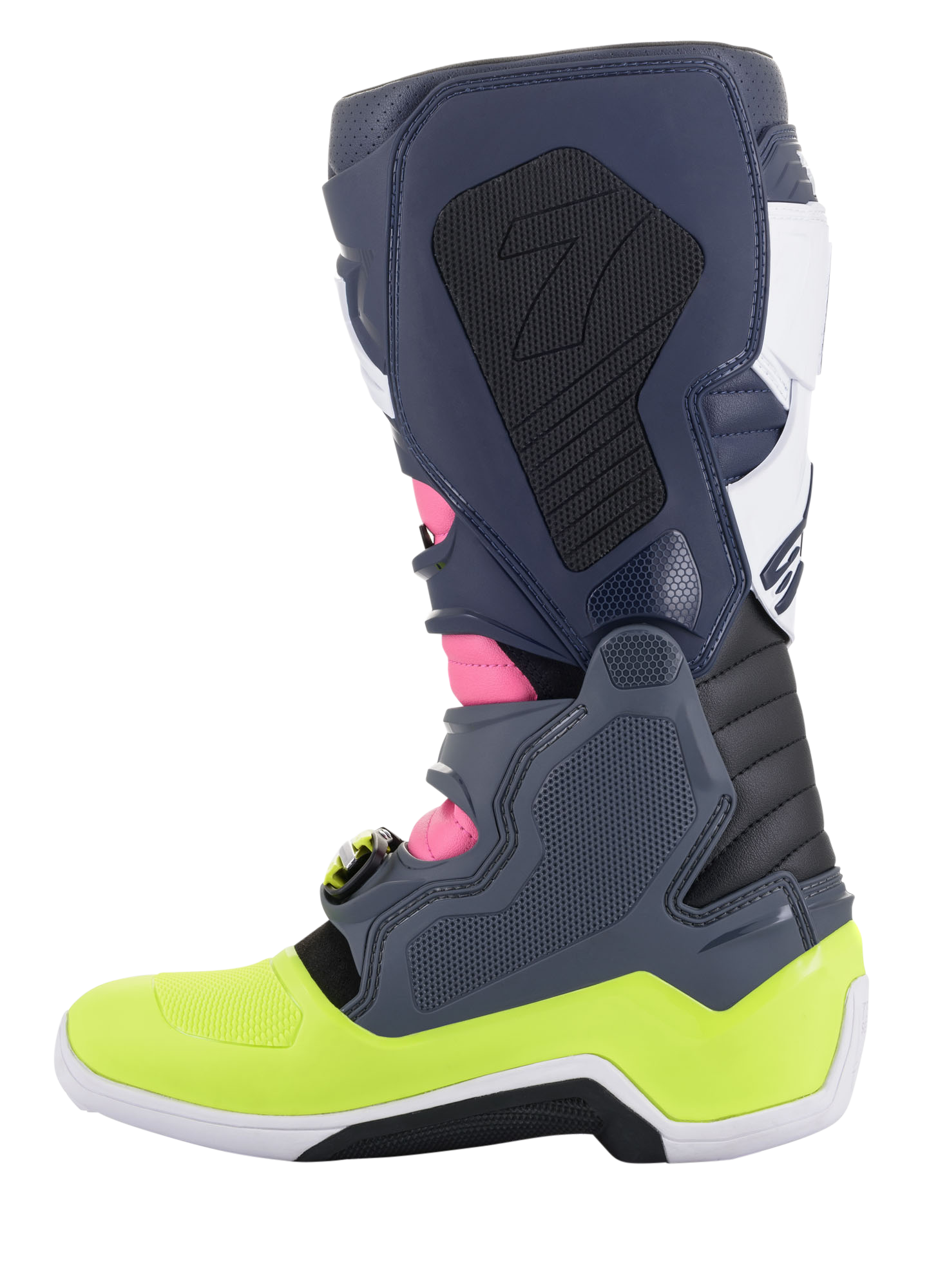 Bottes Alpinestars Tech 7, bottes de motocross, gris foncé, bleu foncé, rose fluo et jaune fluo, vue de profil, dotées d'un système de fermeture à boucles innovant et d'une protection de cheville biomécanique, chaussures tout-terrain haute performance