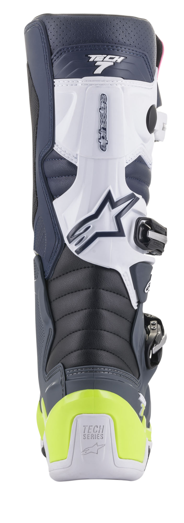 Bottes Alpinestars Tech 7, bottes de motocross, vue arrière montrant le coloris bleu foncé, blanc et gris foncé avec protection de talon jaune fluo, comprenant des zones de flexion en accordéon et le marquage Tech Series