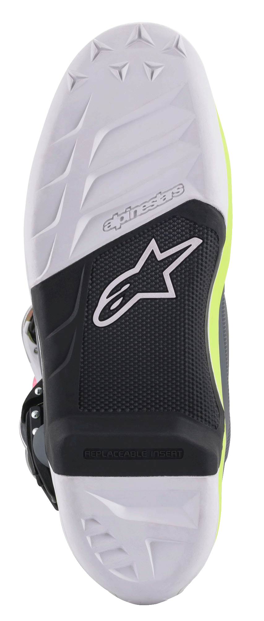 Bottes Alpinestars Tech 7, bottes de motocross, vue détaillée de la semelle avec un design à double composé blanc et noir, insert de repose-pied remplaçable, grip texturé avec le logo étoile Alpinestars et des accents jaune fluo