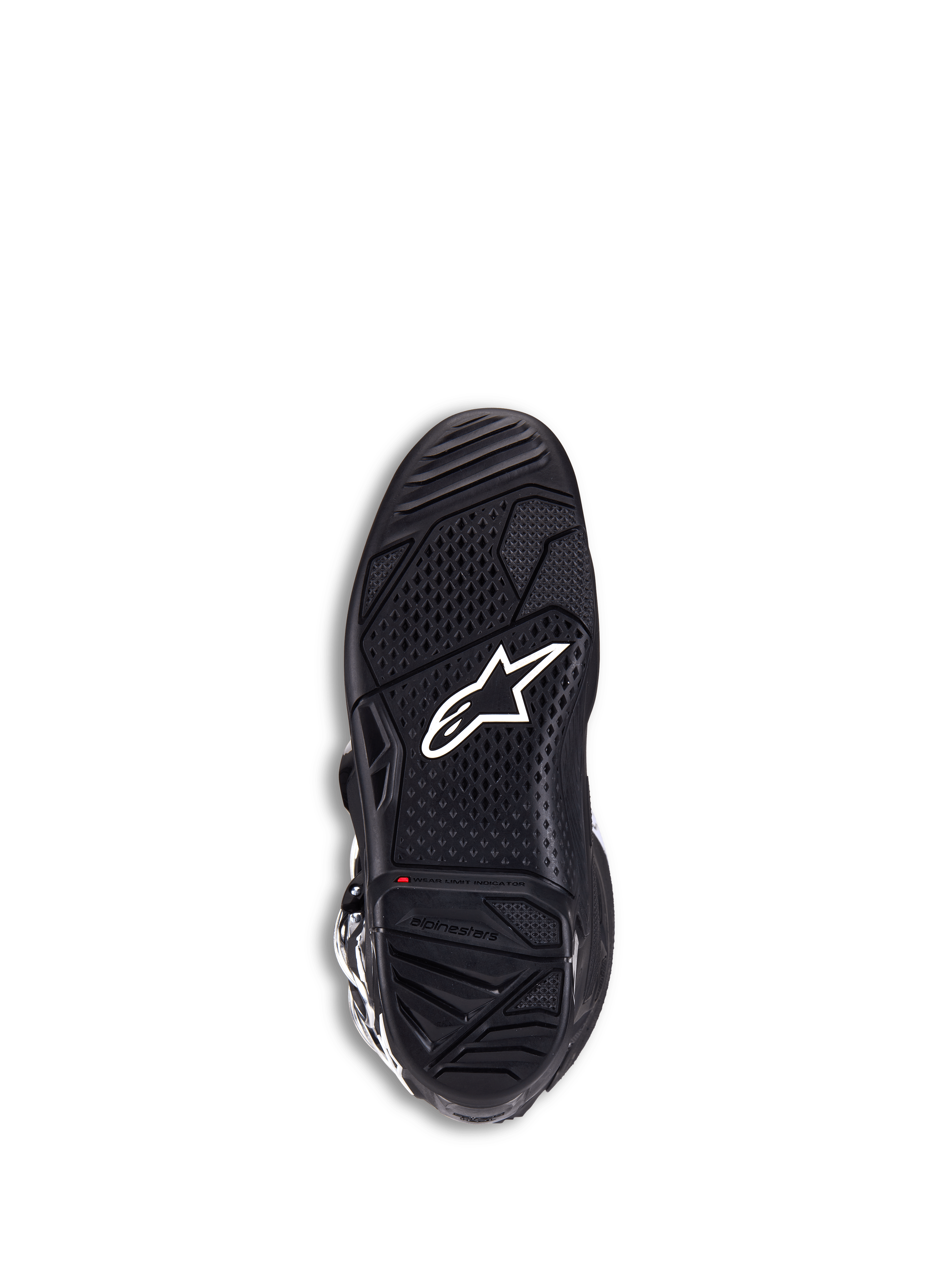 Alpinestars Tech 7 Boots, Motocross Boots, Black, bottom sole view featuring white star logo, textured dual-compound rubber for maximum grip, red wear limit indicator