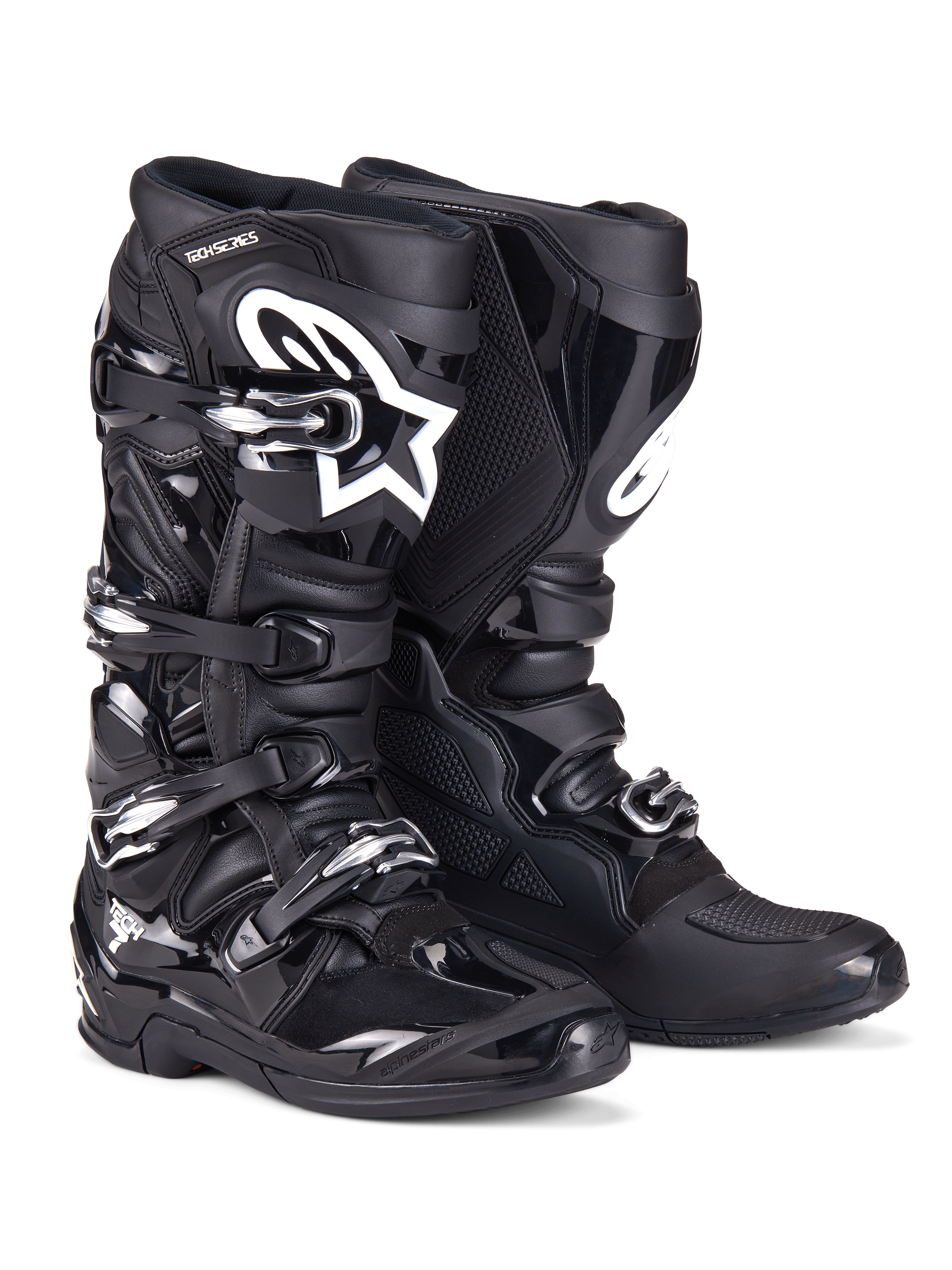 Alpinestars Tech 7 Boots, Motocross Boots, Black, featuring a rugged construction with a four-buckle closure system, TPU protective panels, and a white Alpinestars logo on the shin area, professional off-road footwear for dirt racing