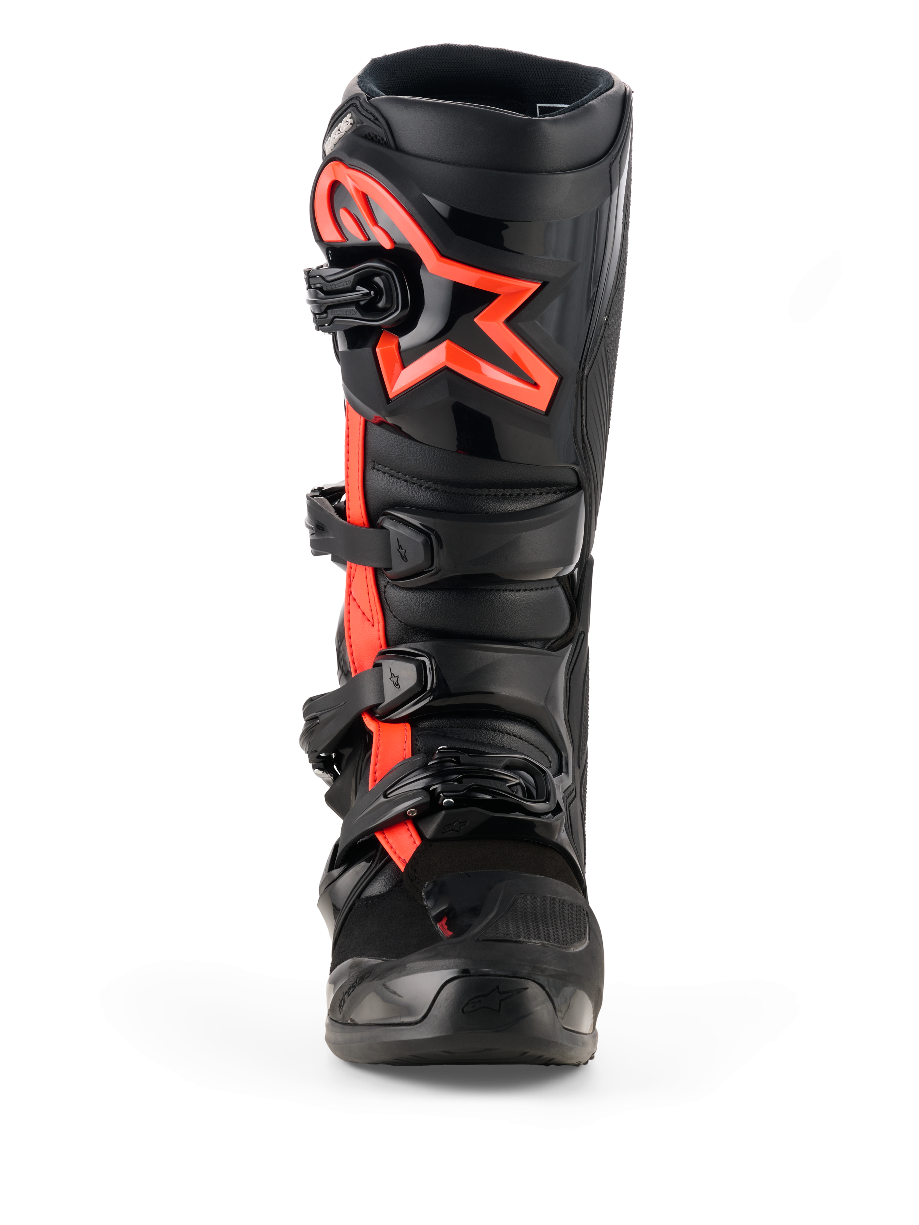 Alpinestars Tech 7 Boots, Motocross Boots, Black and Red Fluo, front view, featuring a large red fluo Alpinestars star logo on the shin plate, four-buckle closure system, and durable TPU construction designed for off-road racing.