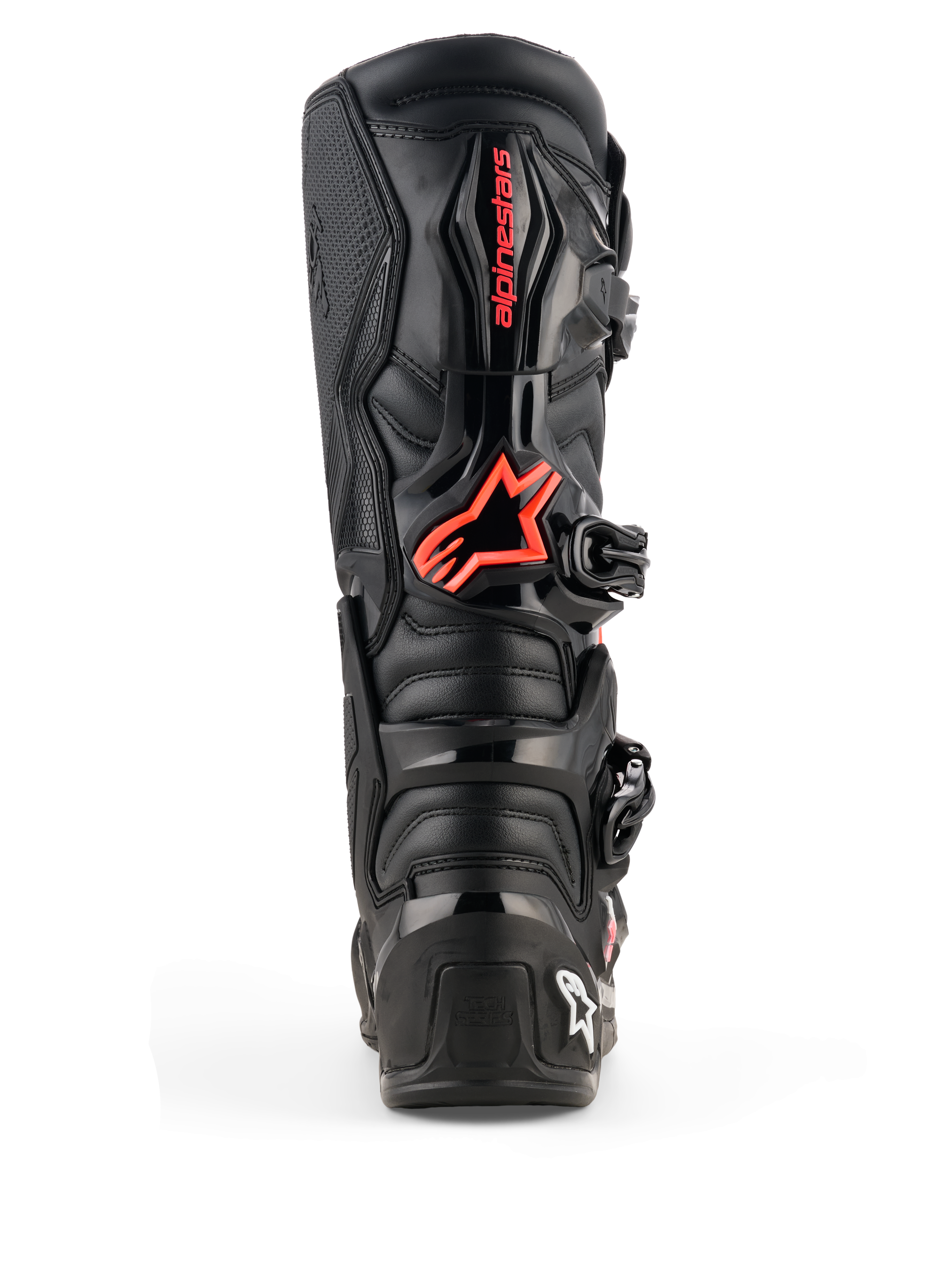 Alpinestars Tech 7 Boots, Motocross Boots, Black and Red Fluo, rear view featuring protective TPU plating, red Alpinestars logo on the calf, and durable construction for off-road performance
