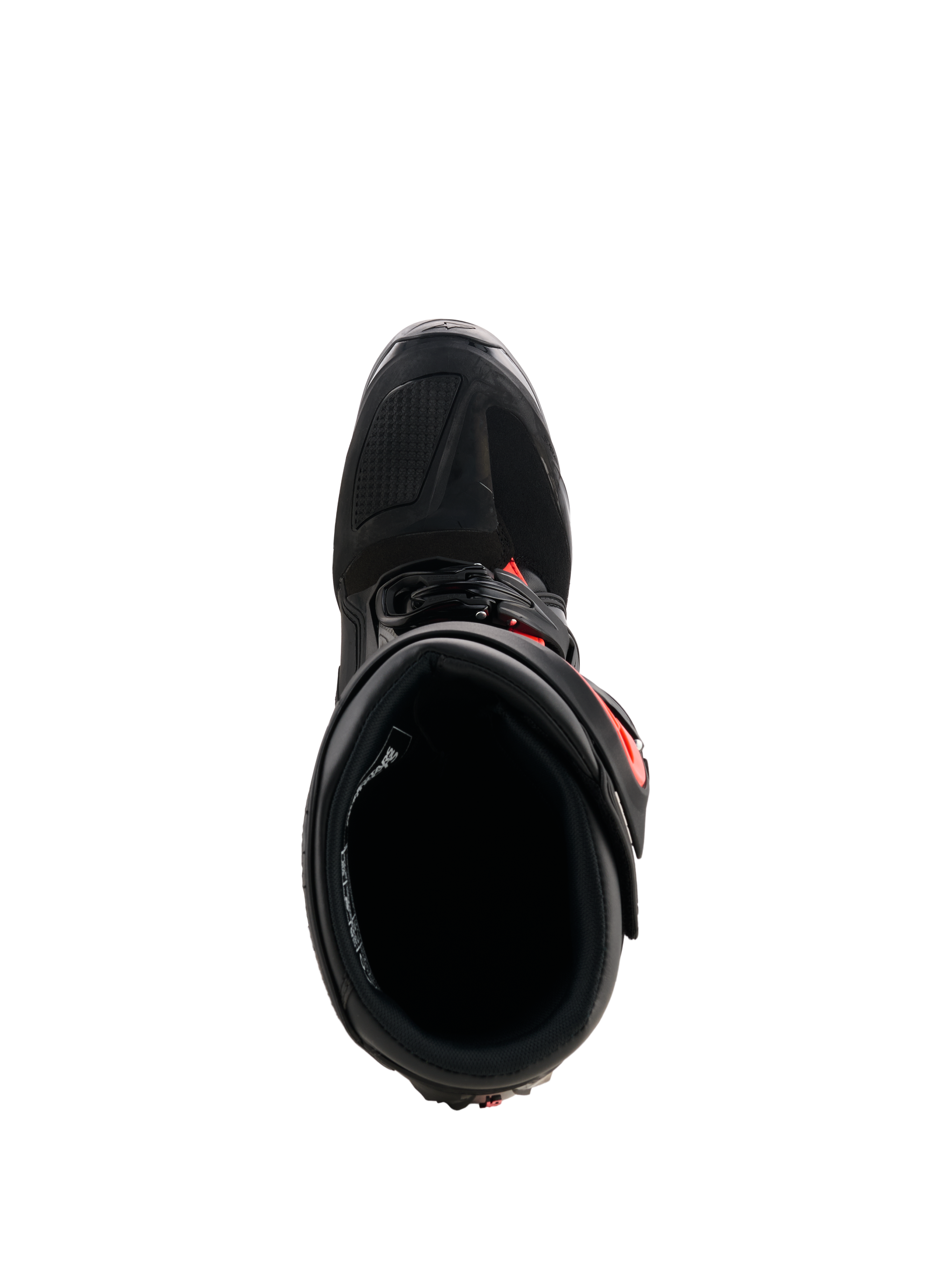 Alpinestars Tech 7 Boots, Motocross Boots, Black and Red Fluo, top-down view showing the interior lining and closure system, durable TPU construction with vibrant red accents for off-road racing performance
