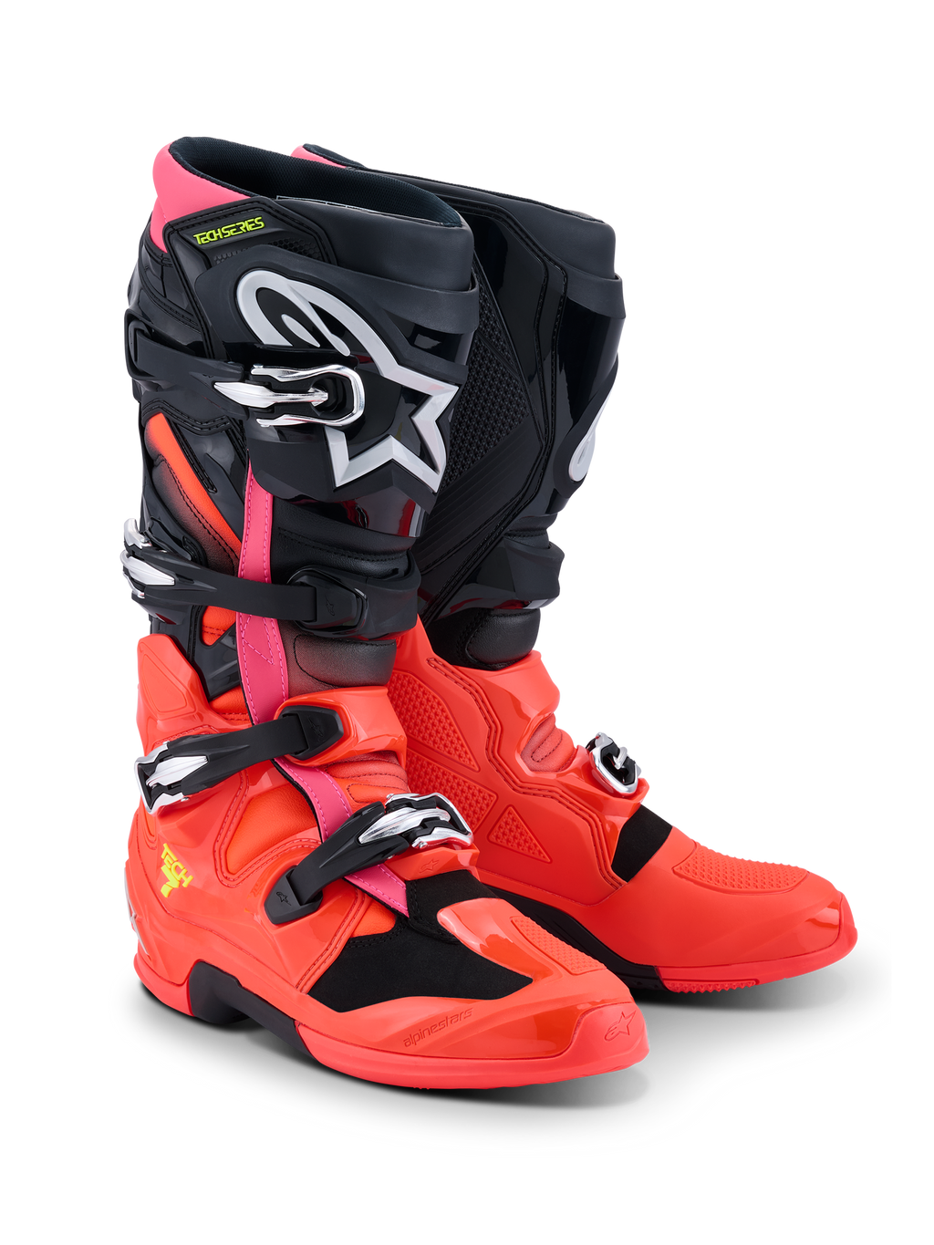 Bottes Alpinestars Tech 7, bottes de motocross, noir, rouge fluo et rose fluo, dotées de boucles à fermeture rapide, d'un système de double pivot et d'une coque de protection en TPU, équipement de performance durable pour la conduite tout-terrain