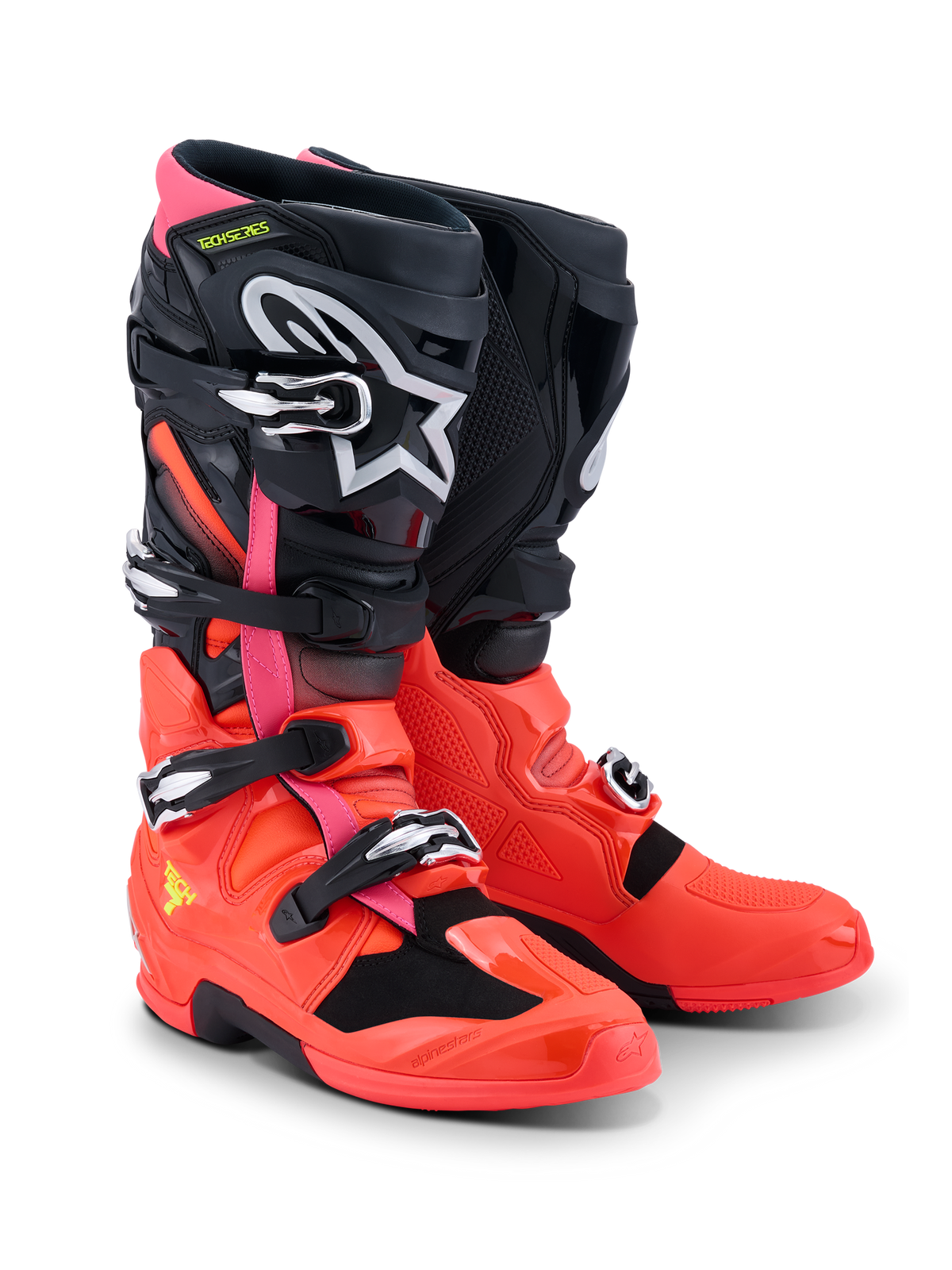 Bottes Alpinestars Tech 7, bottes de motocross, noir, rouge fluo et rose fluo, dotées de boucles à fermeture rapide, d'un système de double pivot et d'une coque de protection en TPU, équipement de performance durable pour la conduite tout-terrain