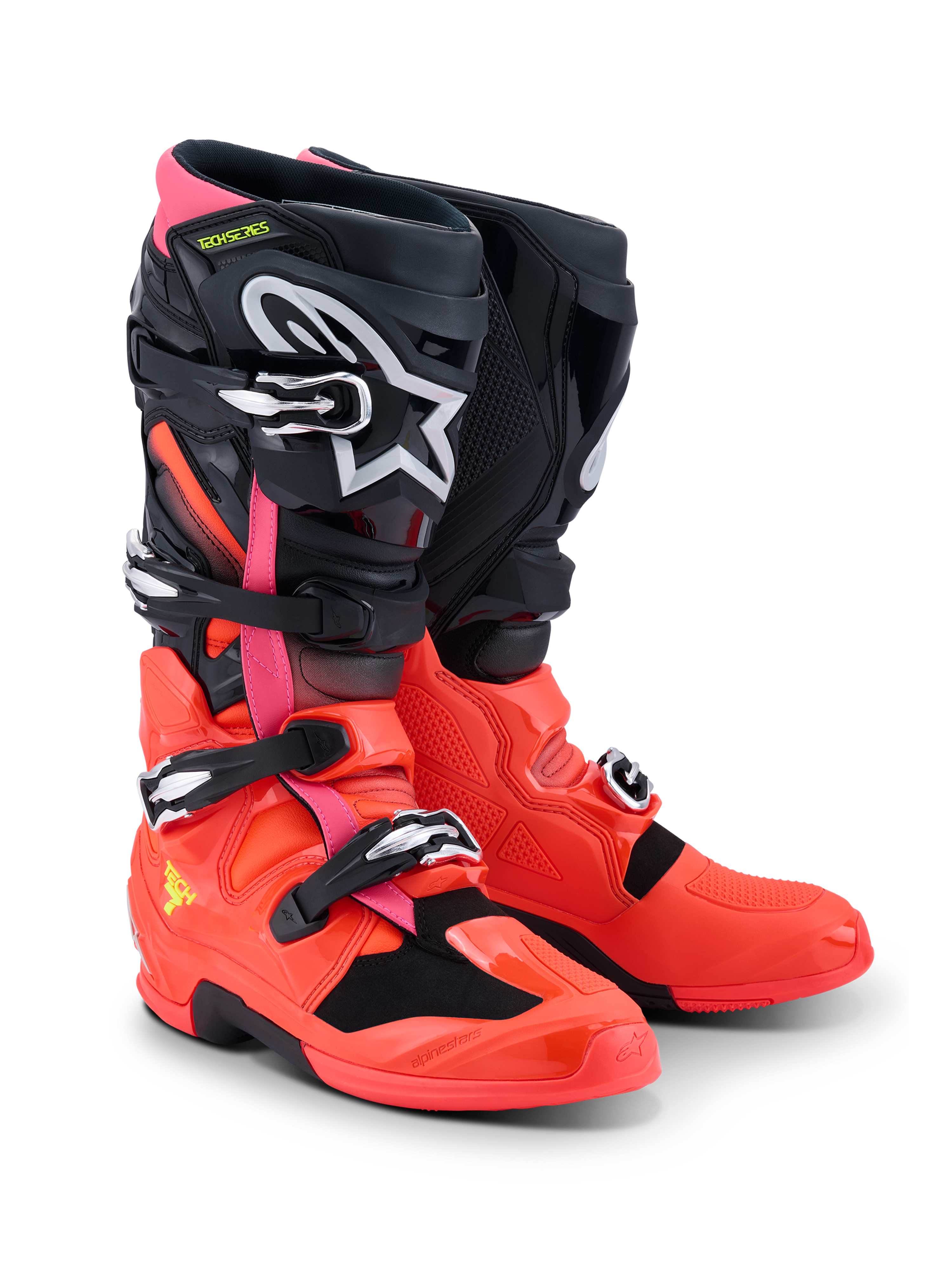 Bottes Alpinestars Tech 7, bottes de motocross, noir, rouge fluo et rose fluo, dotées de boucles à fermeture rapide, d'un système de double pivot et d'une coque de protection en TPU, équipement de performance durable pour la conduite tout-terrain