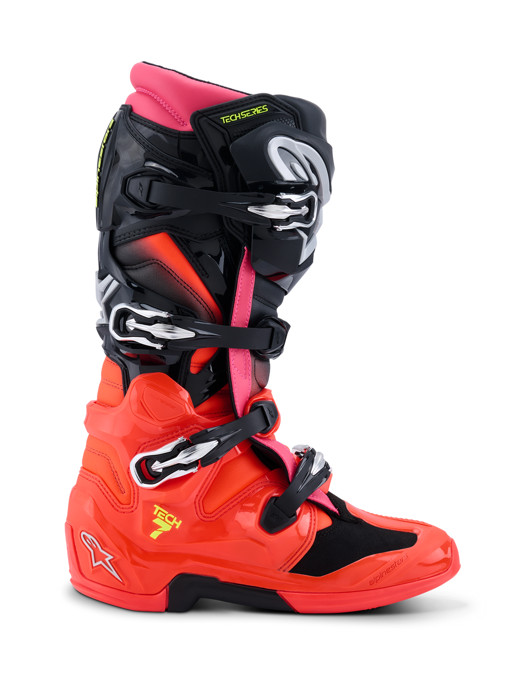 Alpinestars Tech 7 Boots, bottes de motocross, noir, rouge fluo et rose fluo, profil latéral montrant le design technique avec boucles à fermeture rapide, coque inférieure en TPU brillant et système de double pivot pour la course tout-terrain.