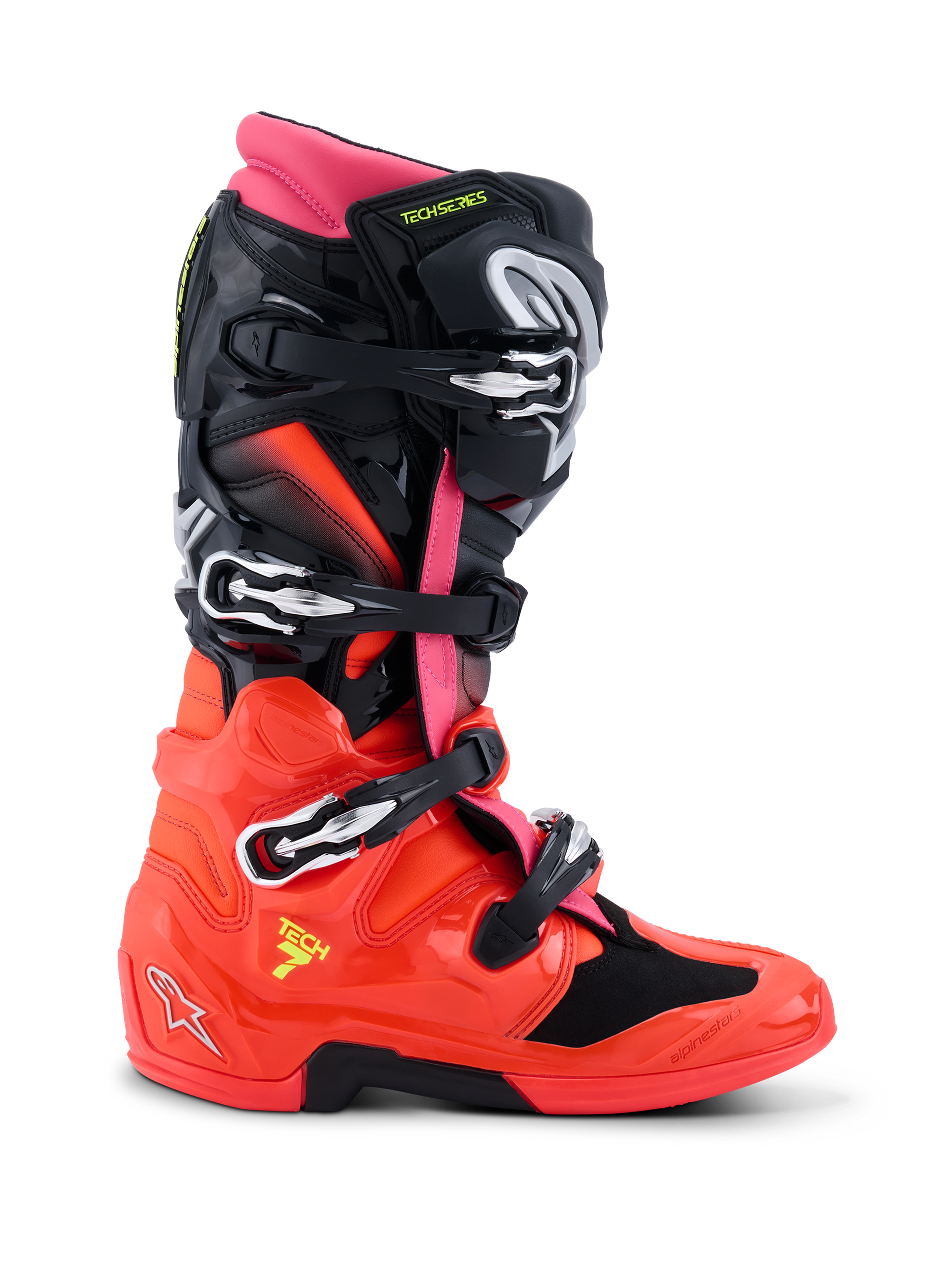 Alpinestars Tech 7 Boots, Motocross Boots, Black Red Fluo and Pink Fluo, side profile showing technical design with quick-release buckles, glossy TPU lower shell, and dual-pivot system for off-road racing.