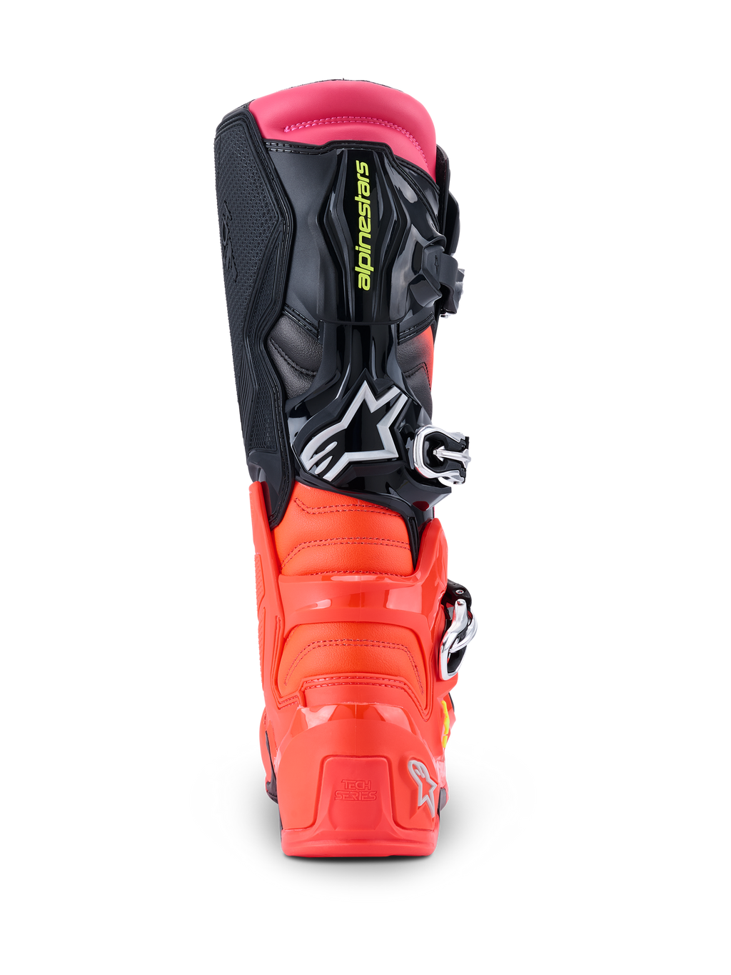Bottes Alpinestars Tech 7, bottes de motocross, noir, rouge fluo et rose fluo, vue arrière montrant le talon en TPU renforcé, la tige multi-matière et la guêtre supérieure rose