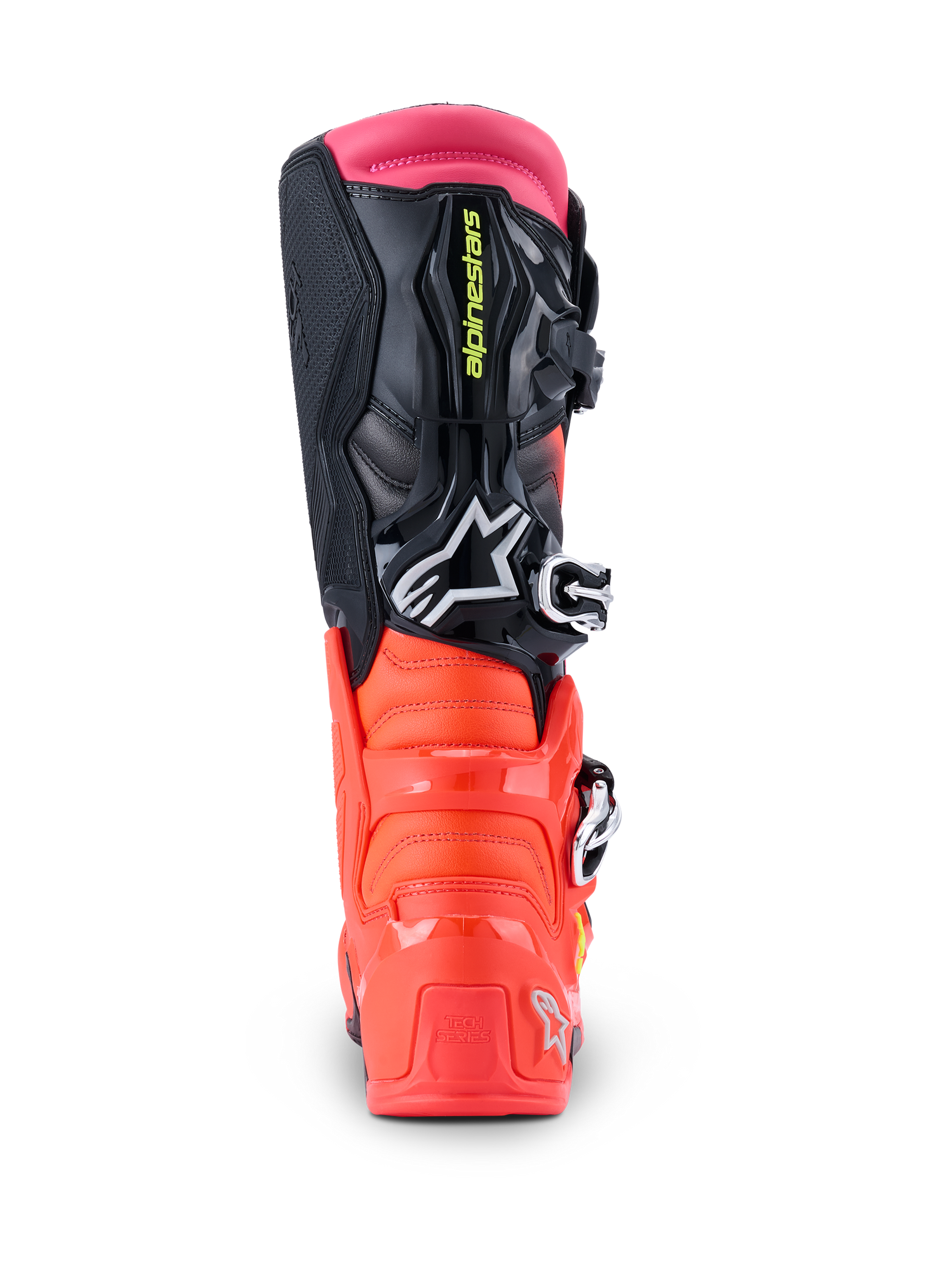 Bottes Alpinestars Tech 7, bottes de motocross, noir, rouge fluo et rose fluo, vue arrière montrant le talon en TPU renforcé, la tige multi-matière et la guêtre supérieure rose