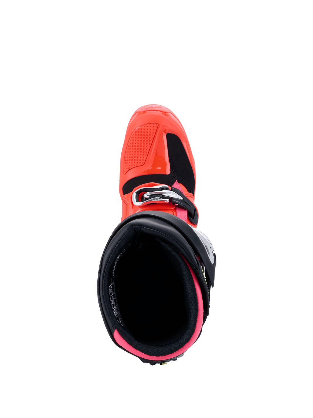 Bottes Alpinestars Tech 7, Collection MX26, bottes de motocross, noir, rouge fluo et rose fluo, vue de dessus de l'ouverture intérieure, avec doublure rose vif et coque extérieure rouge fluo avec fermeture par boucle.