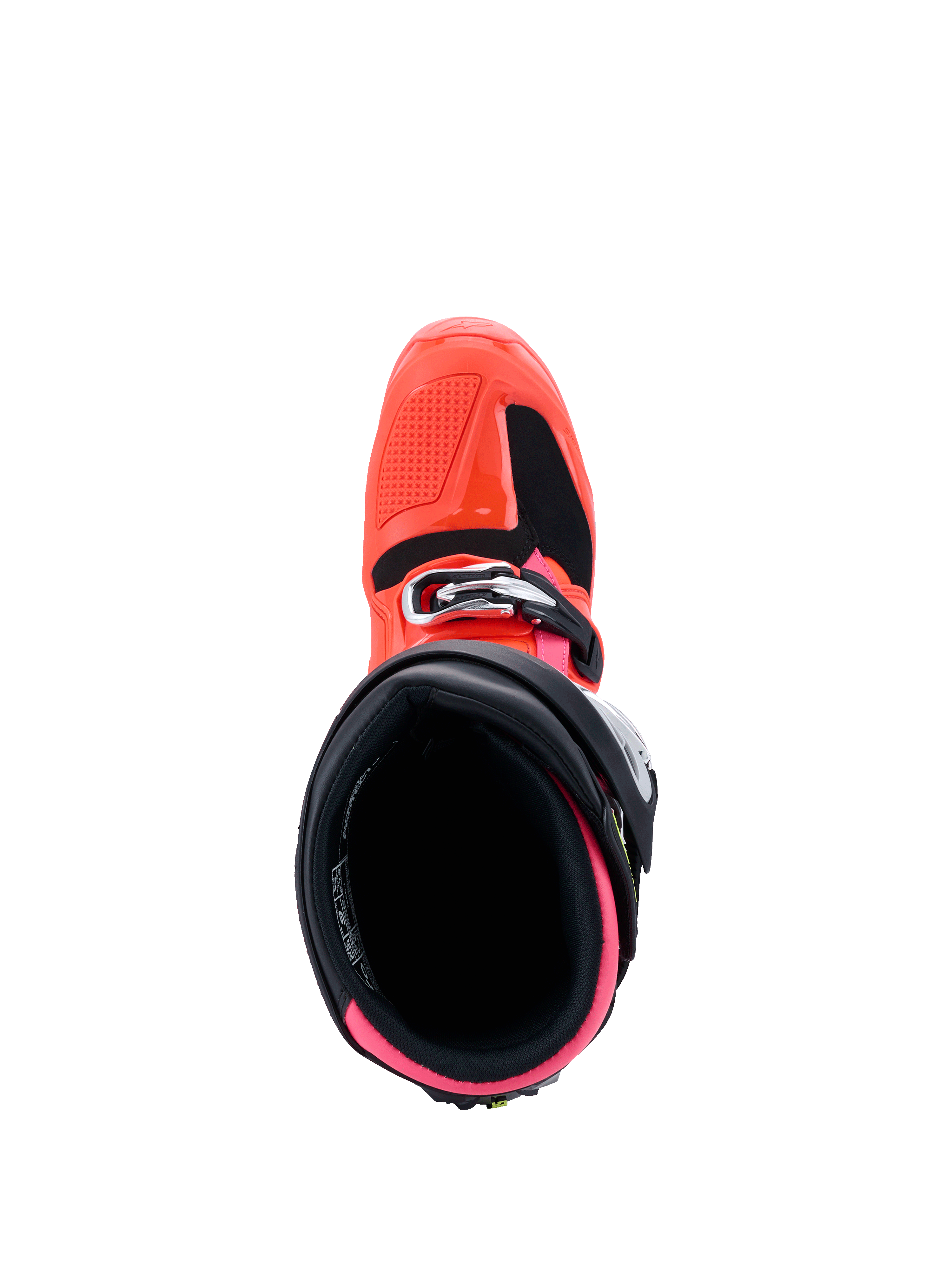 Bottes Alpinestars Tech 7, Collection MX26, bottes de motocross, noir, rouge fluo et rose fluo, vue de dessus de l'ouverture intérieure, avec doublure rose vif et coque extérieure rouge fluo avec fermeture par boucle.