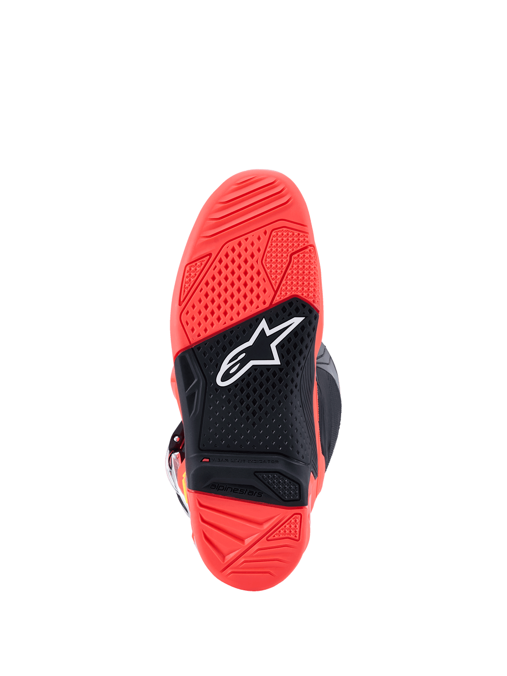 Bottes Alpinestars Tech 7, vue de la semelle extérieure, rouge fluo et noir, semelle en caoutchouc bi-composé texturée avec logo étoile Alpinestars blanc et indicateur d'usure
