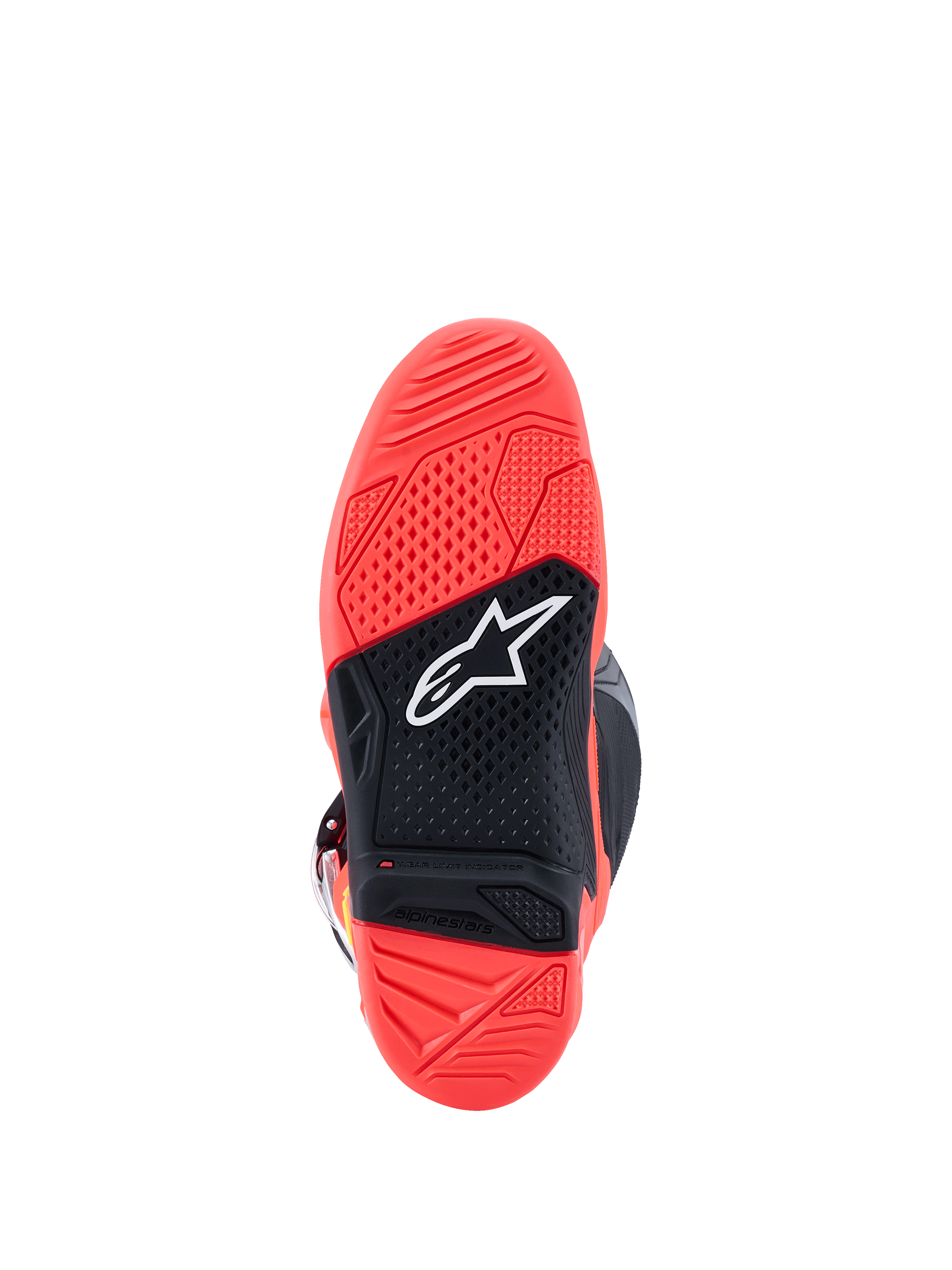 Bottes Alpinestars Tech 7, vue de la semelle extérieure, rouge fluo et noir, semelle en caoutchouc bi-composé texturée avec logo étoile Alpinestars blanc et indicateur d'usure