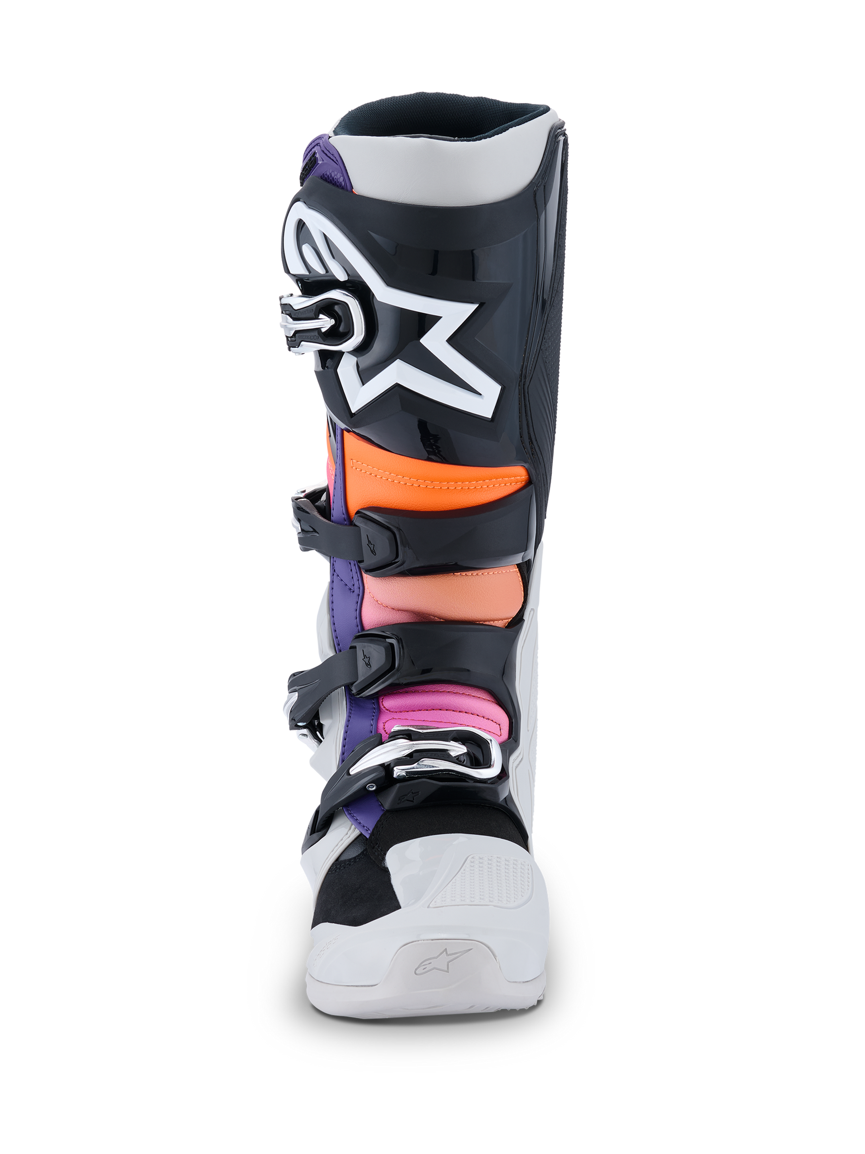 Alpinestars Tech 7 Boots, Motocross Boots, Black Light Gray Orange Fluo and Magenta, front view featuring a black shin plate with a large white Alpinestars star logo, multi-colored padded zones in orange and pink, and a durable white chassis with black buckles.