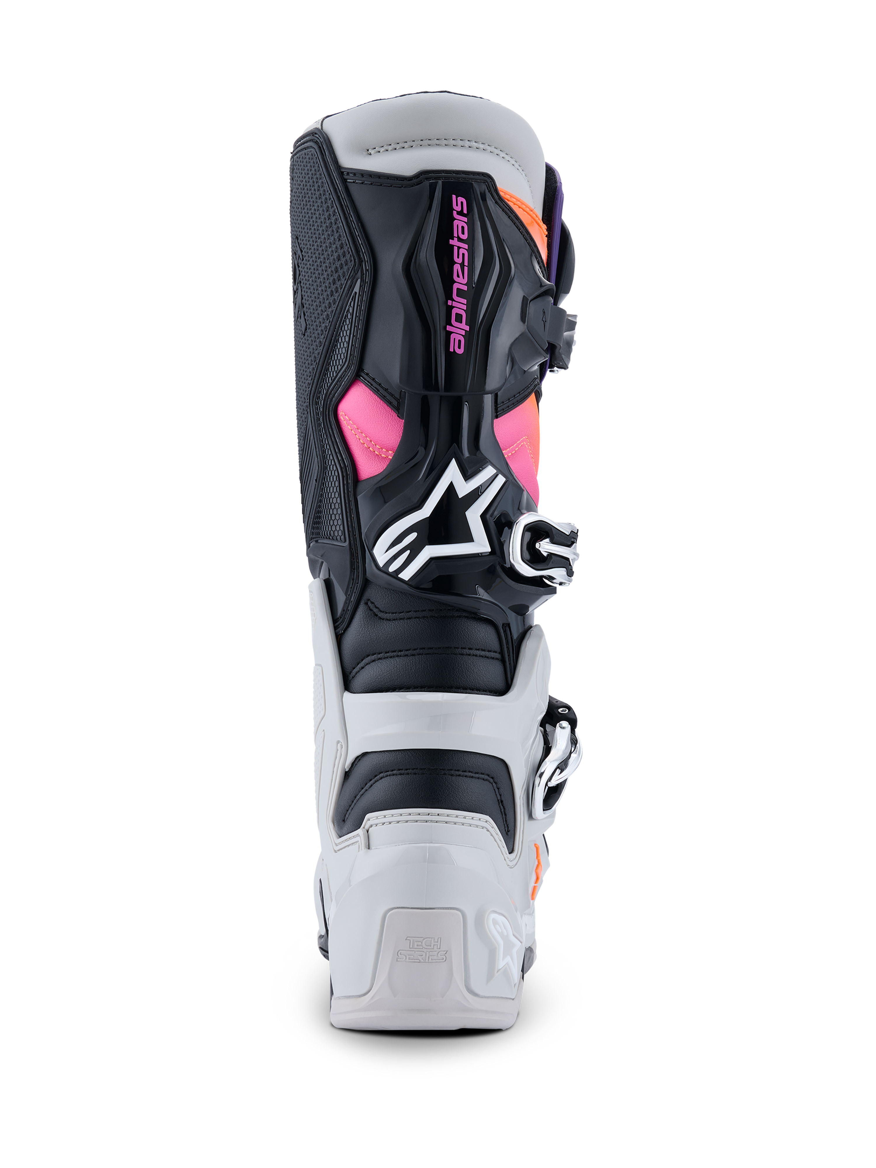 Alpinestars Tech 7 Boots, Motocross Boots, Black Light Gray Orange Fluo and Magenta, rear view showing the TPU heel and calf protectors, pink Alpinestars branding, white logo, and durable buckle system