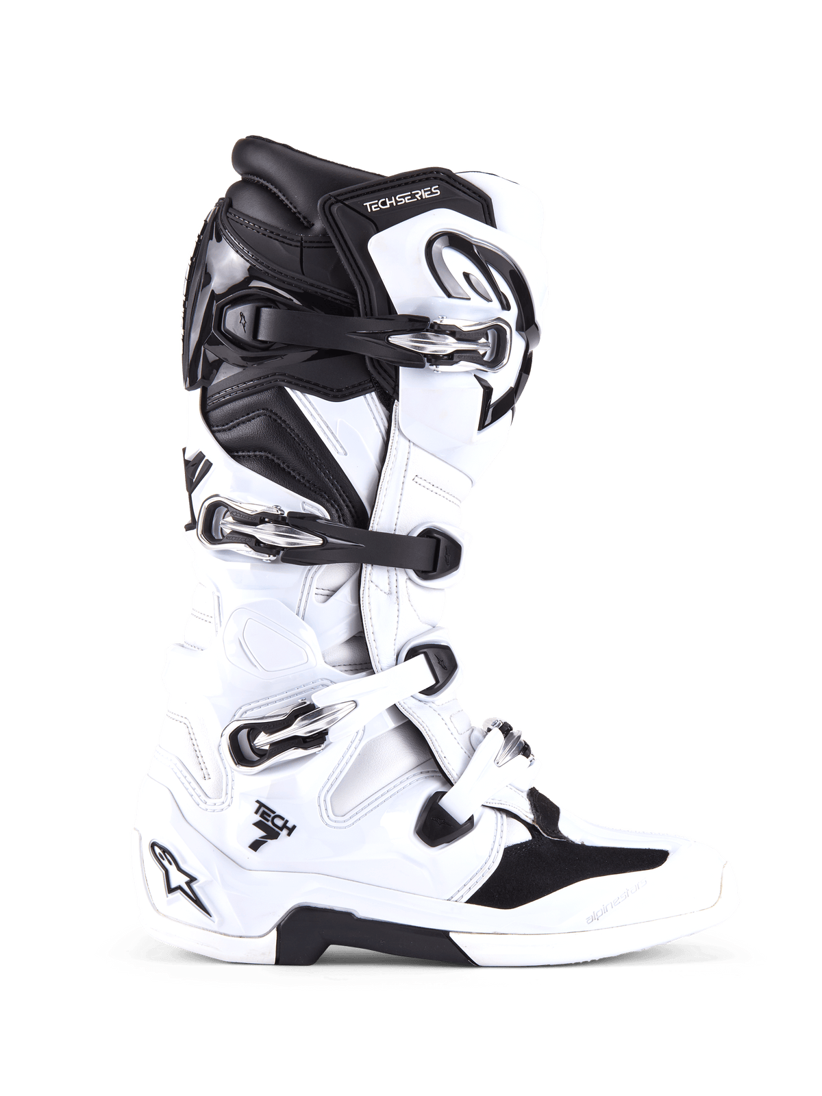 Bottes Alpinestars Tech 7, bottes de motocross tout-terrain, blanches et noires, dotées de quatre boucles réglables et d'une coque en TPU renforcée, profil latéral de bottes tout-terrain professionnelles